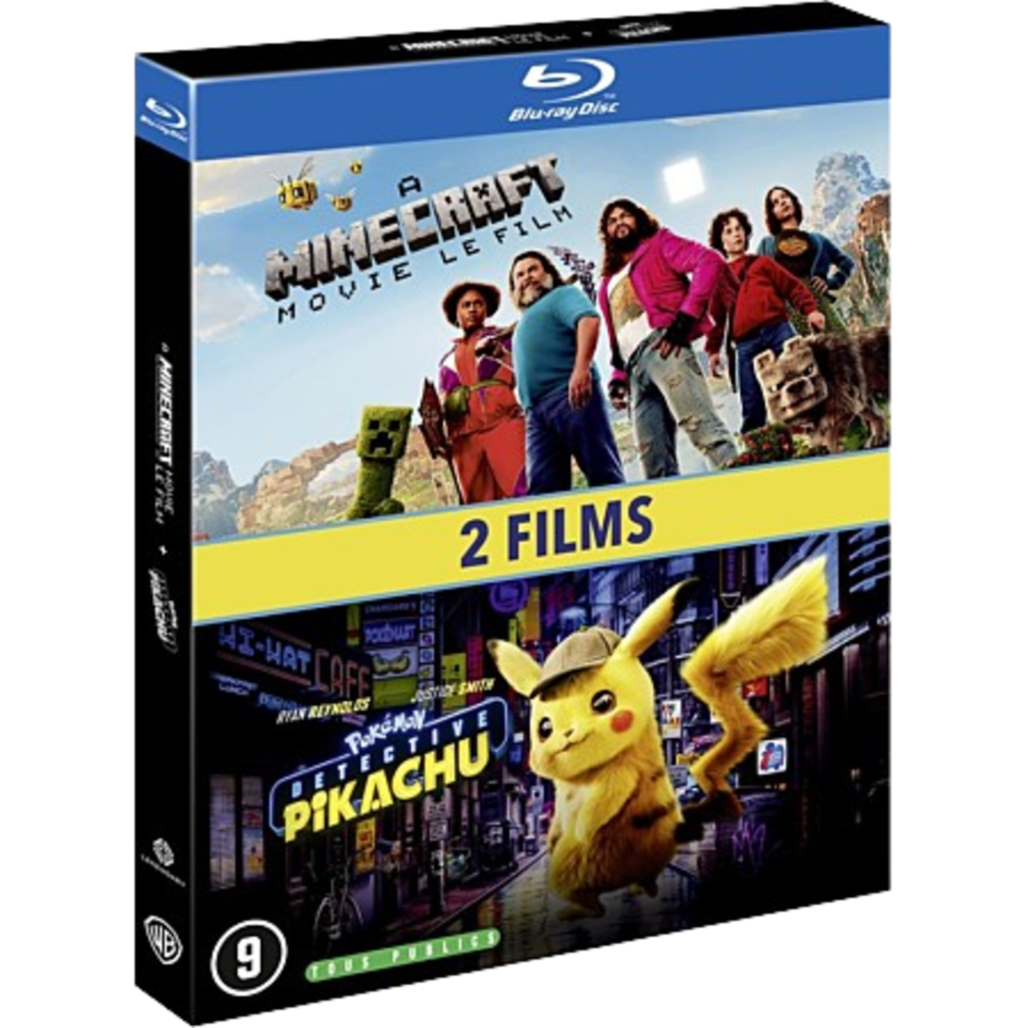 Blu-ray boxset met "Minecraft" en "Detective Pikachu" filmcovers. Personages en titels zichtbaar. Een Pikachu is te zien.