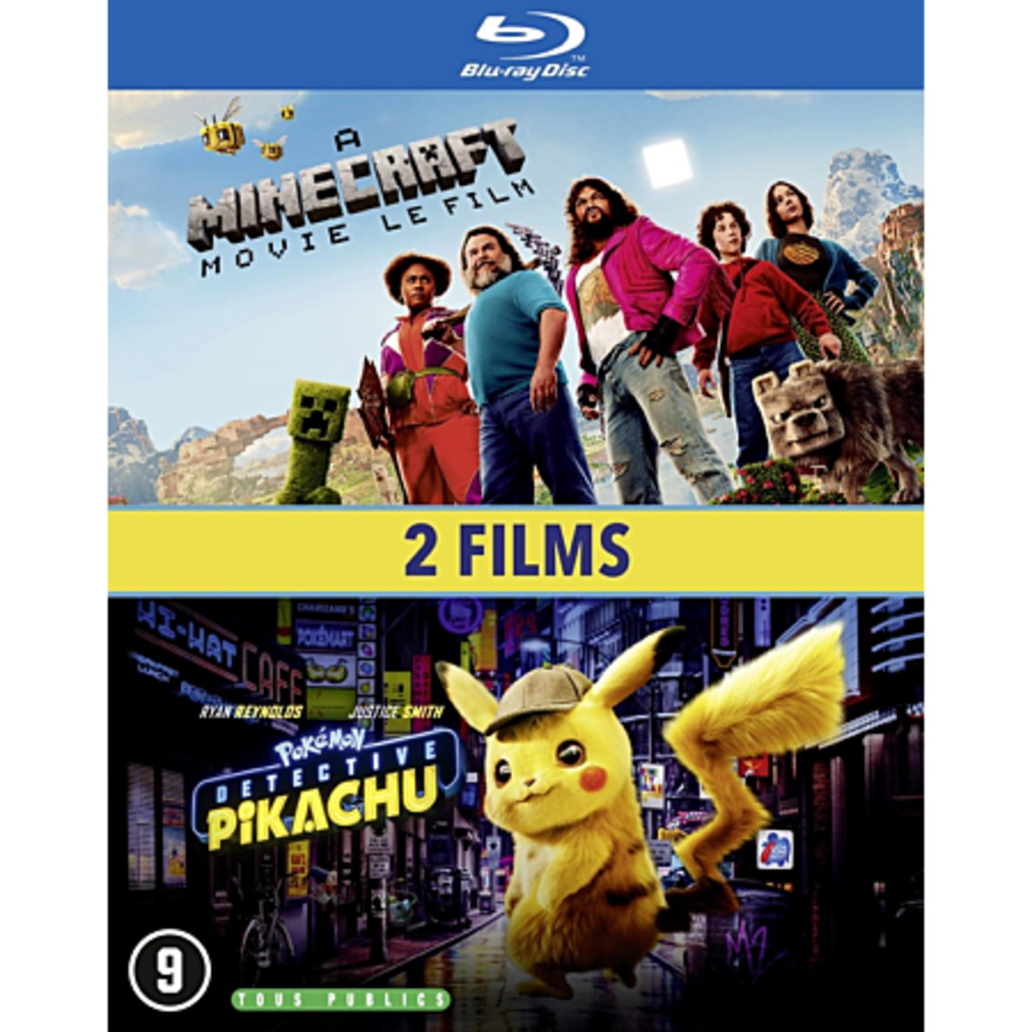 Blu-ray-cover met twee films: Minecraft en Detective Pikachu. Minecraft toont personages met een creeper en een hondachtig wezen.