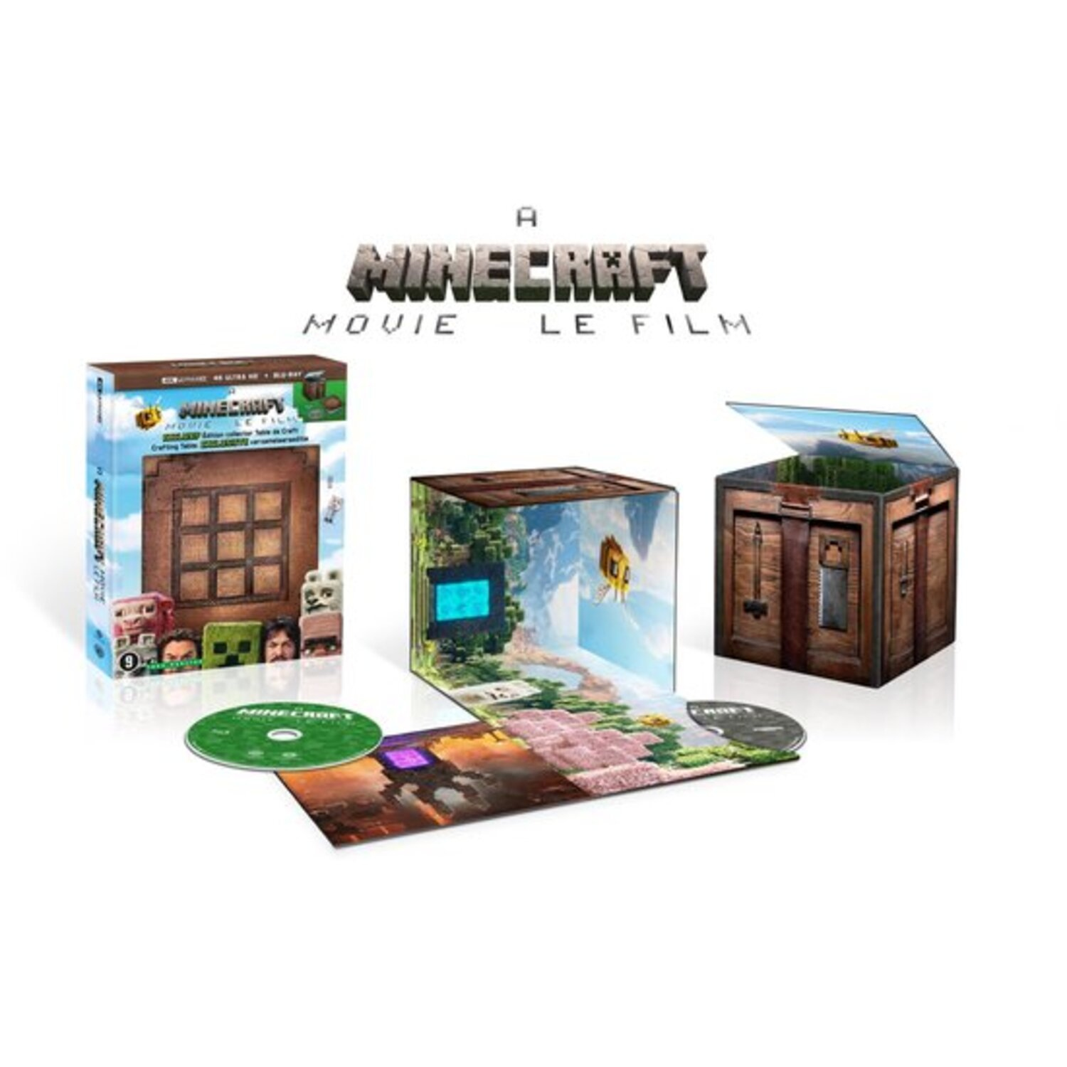Minecraft-filmboxset. Bevat een doos, een schijf en een doos met een scène erin. De titel staat bovenaan.