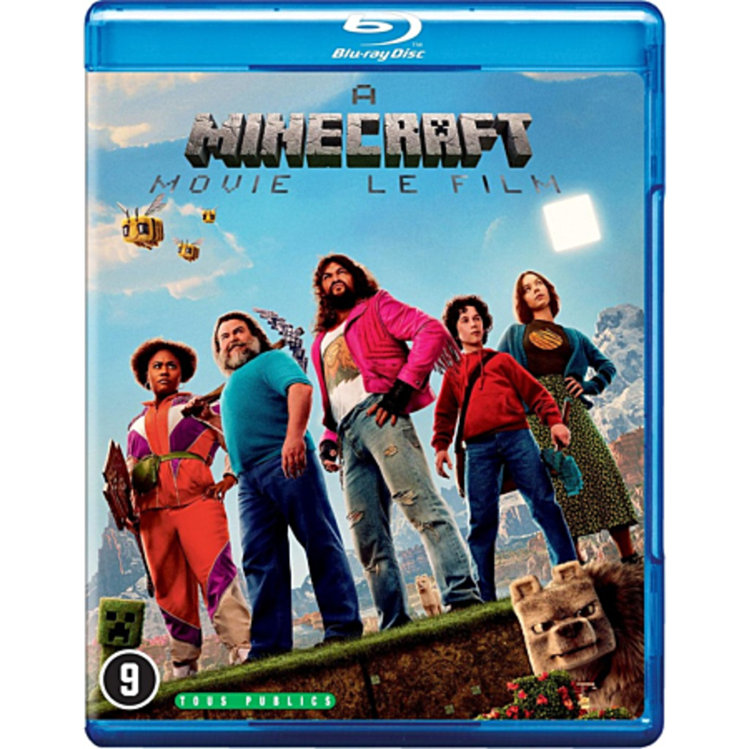 Minecraft movie Blu-ray cover. Six people stand on a green landscape, with a Minecraft-style creature and bees in the sky.