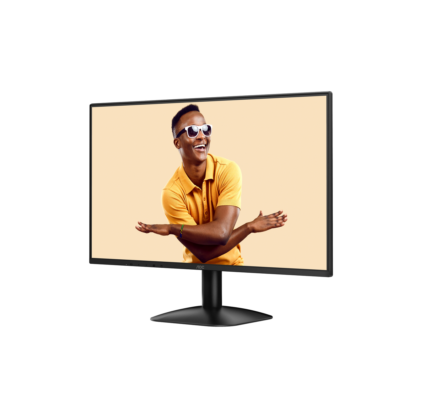 Un monitor negro muestra a un hombre sonriente con gafas de sol y camisa amarilla, sobre un fondo beige.