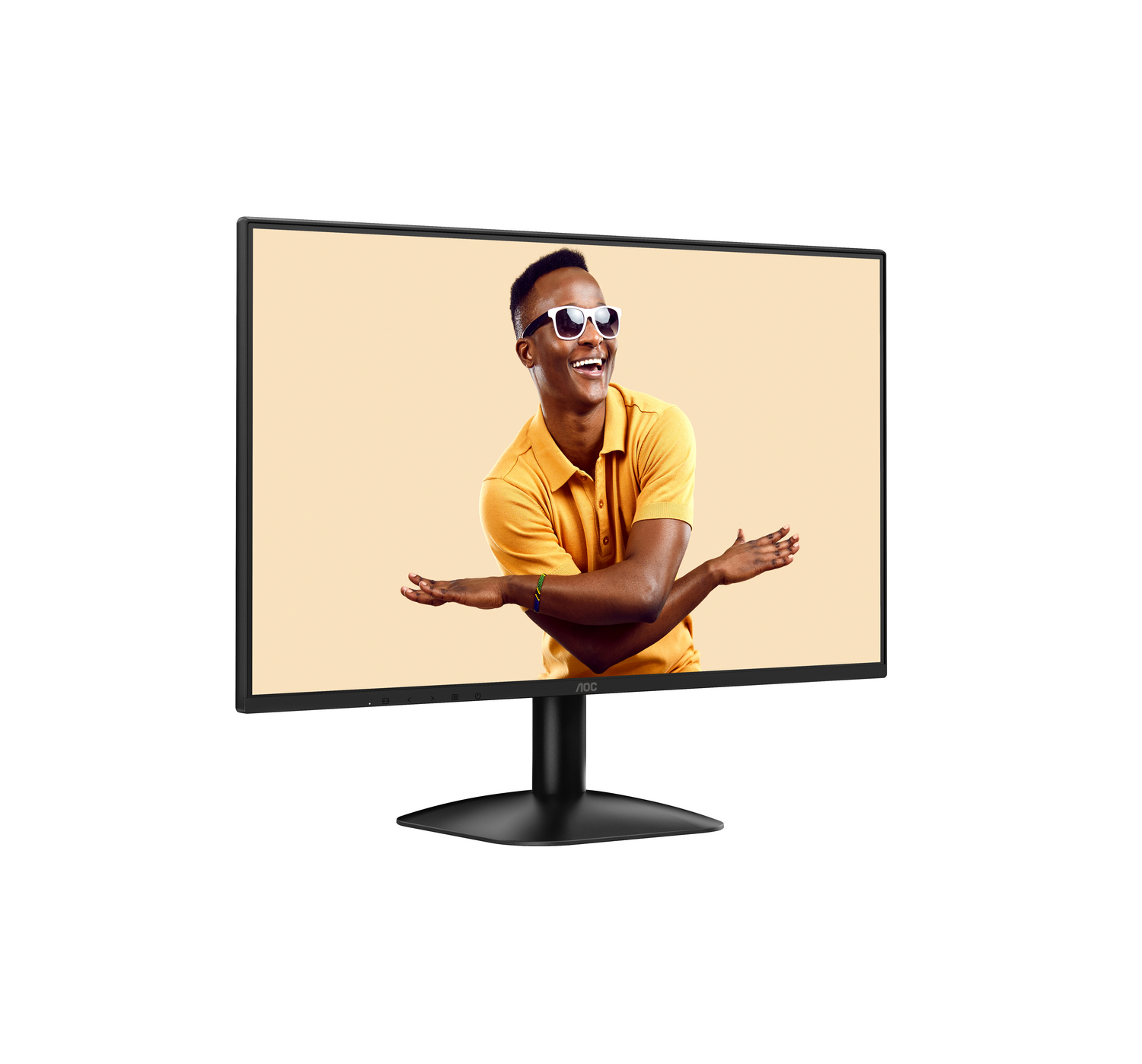 Un monitor muestra a un hombre sonriente con gafas de sol y camisa amarilla. El fondo es beige.