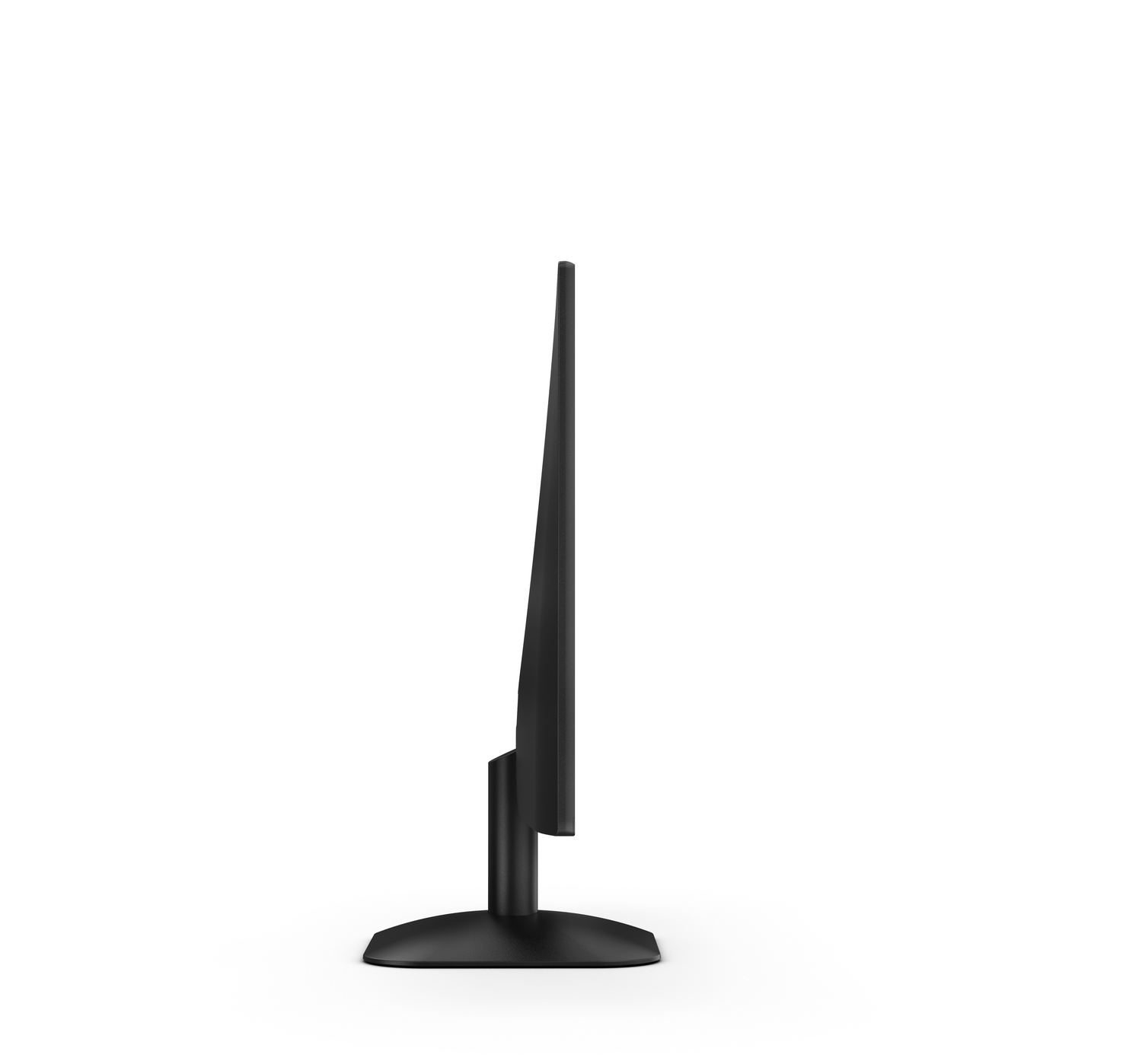 Un monitor de computadora negro sobre una superficie blanca. La pantalla es delgada. El soporte también es negro y tiene una base redondeada.