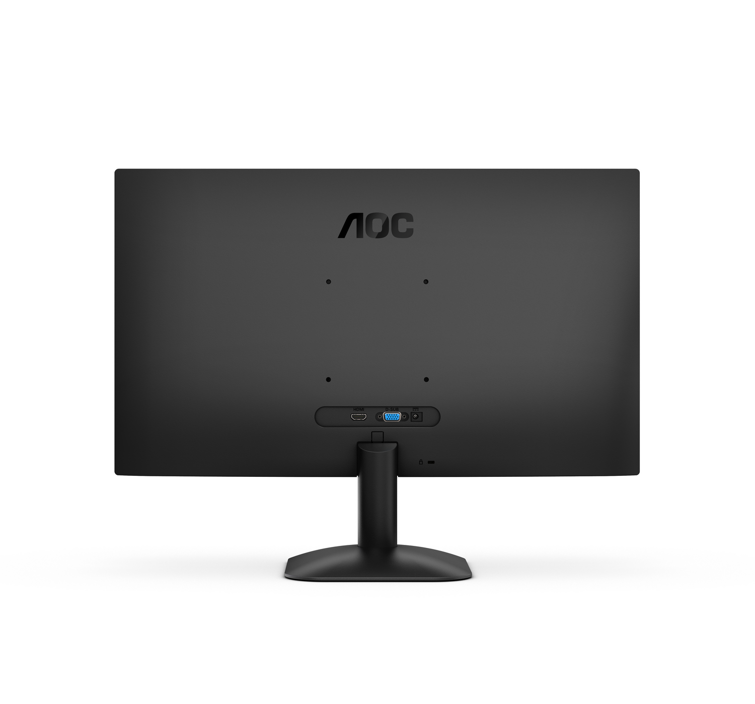Vista trasera del monitor AOC negro. Puertos HDMI y D-SUB visibles. El soporte es negro, y el logotipo es visible en la parte superior.