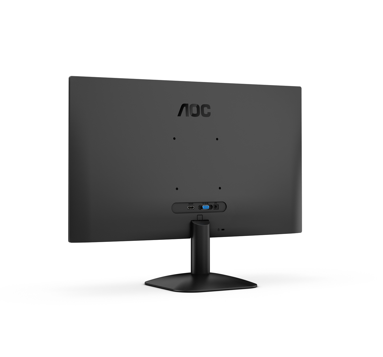 Vista trasera de un monitor AOC negro sobre fondo blanco. El monitor tiene un soporte y varios puertos. El logotipo es visible.