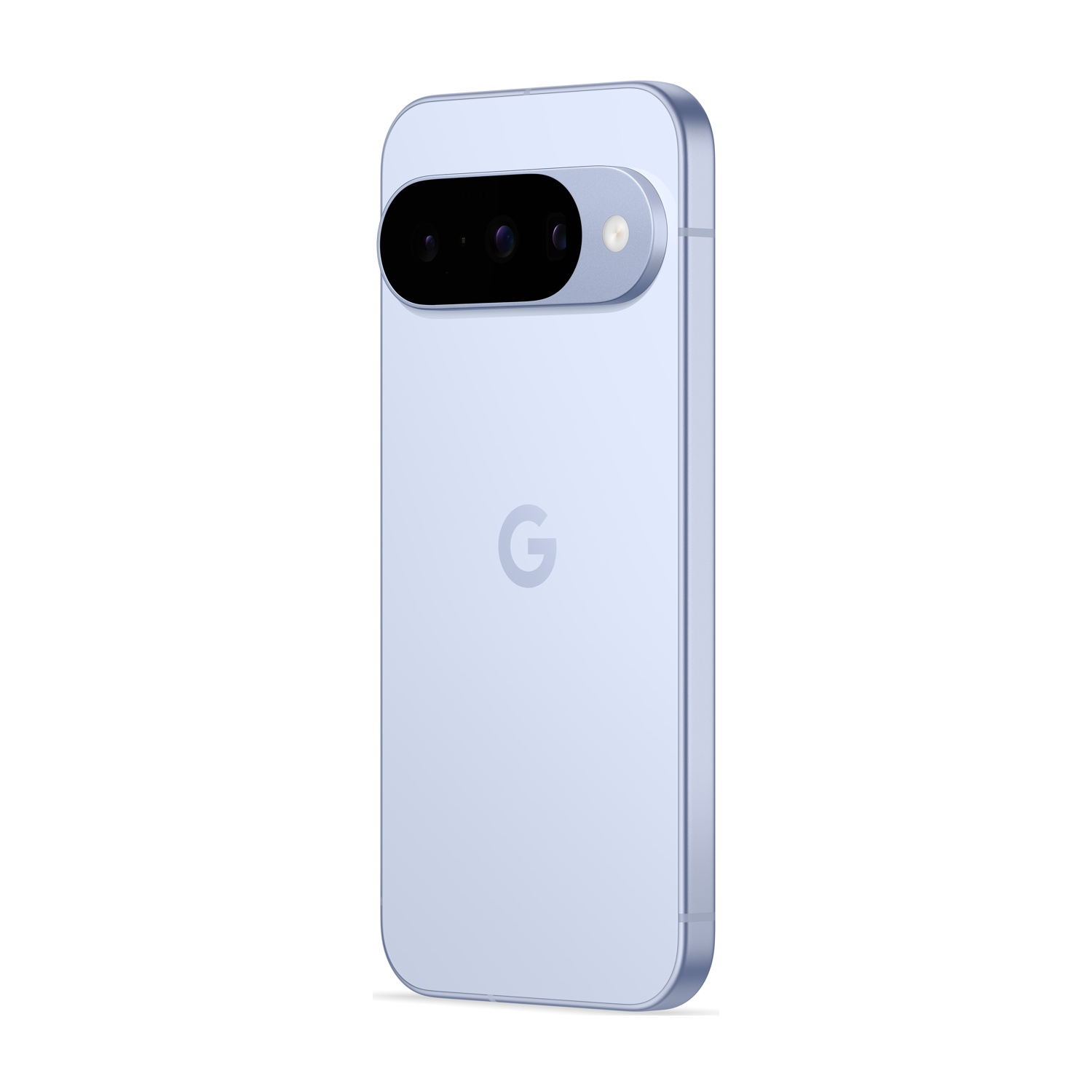 Un telefono Google Pixel azzurro. Ha una barra fotocamera nera, una cornice argentata e il logo Google sul retro.