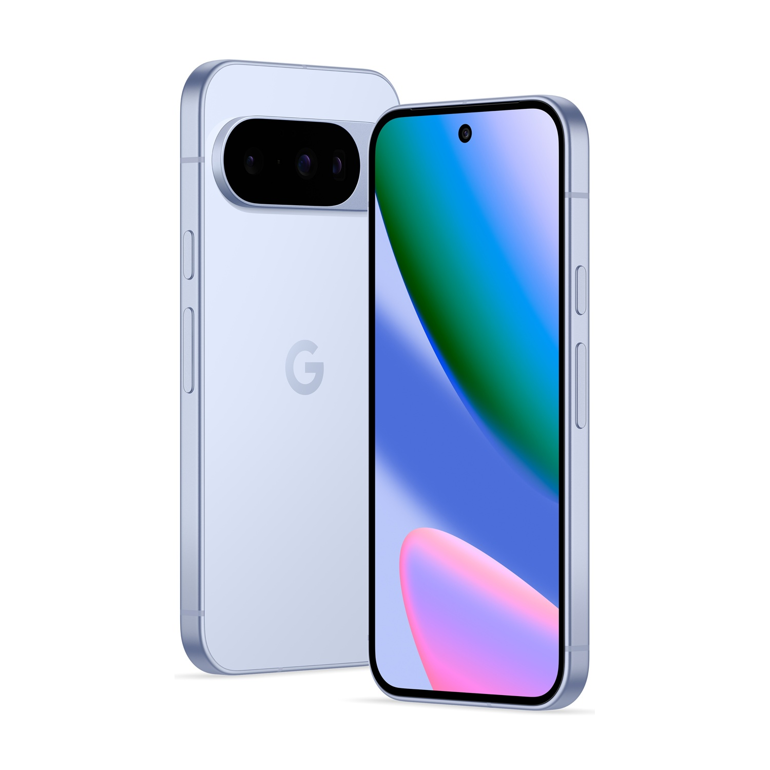 Due telefoni Google azzurri, uno mostra il retro con fotocamere e logo, l'altro lo schermo con gradiente colorato.