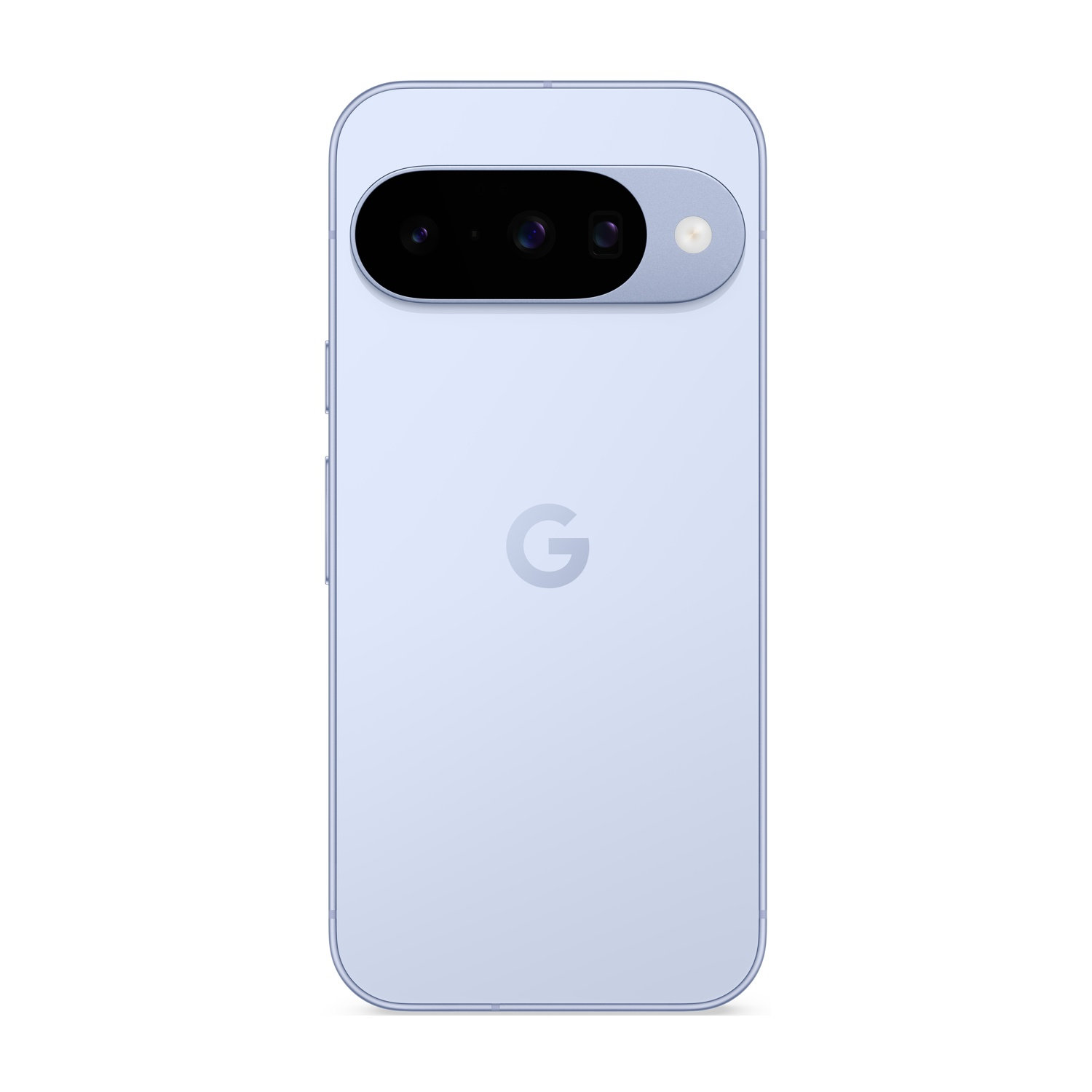 Retro di smartphone azzurro con barra fotocamera e logo Google. La barra fotocamera ha tre obiettivi e un flash.