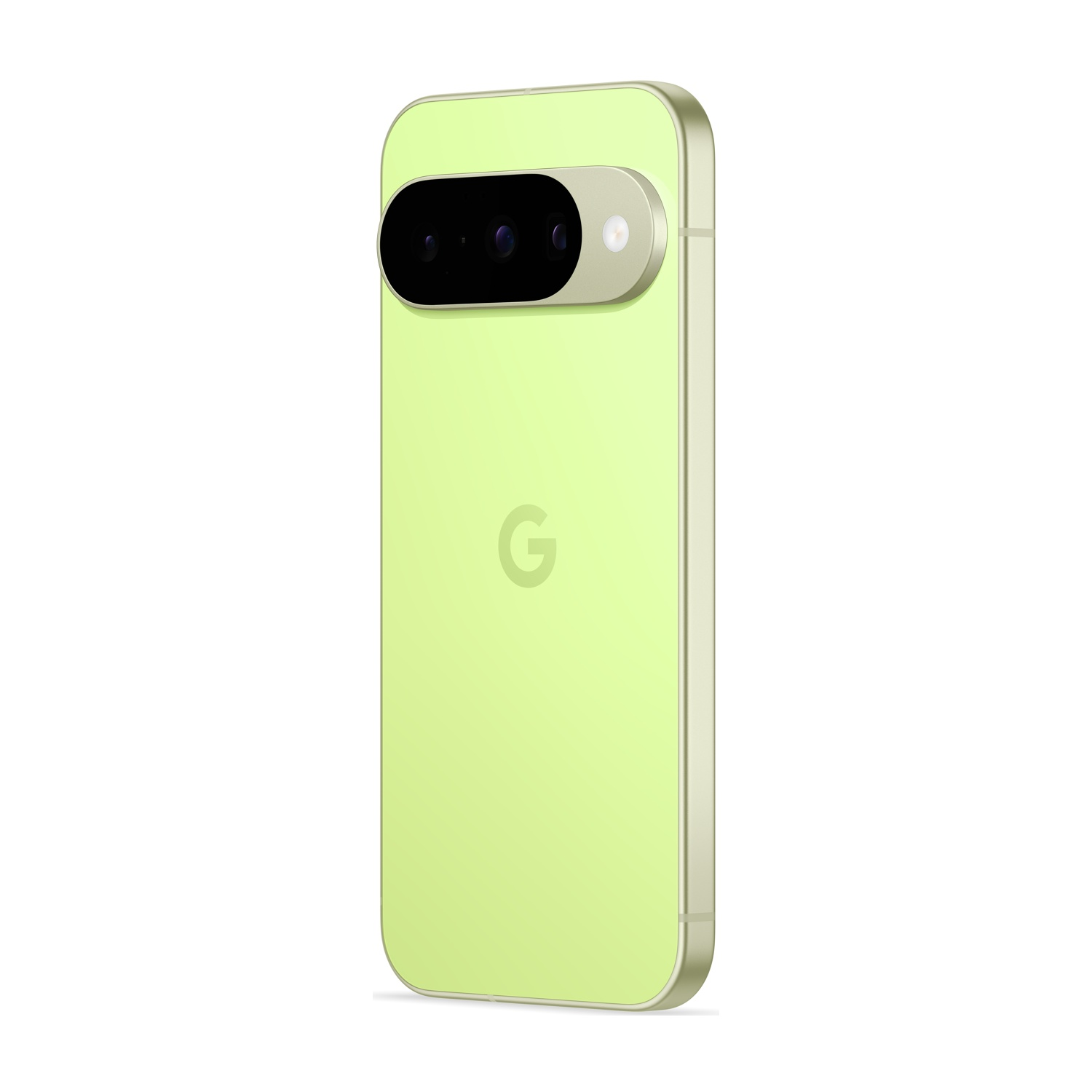 Un telefono Google Pixel 7 verde chiaro, vista posteriore. Ha una barra della fotocamera nera e un logo Google argentato.