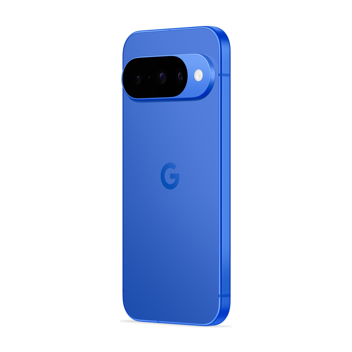 Smartphone blu con barra fotocamera nera e sfondo bianco. Il logo Google 'G' è visibile.