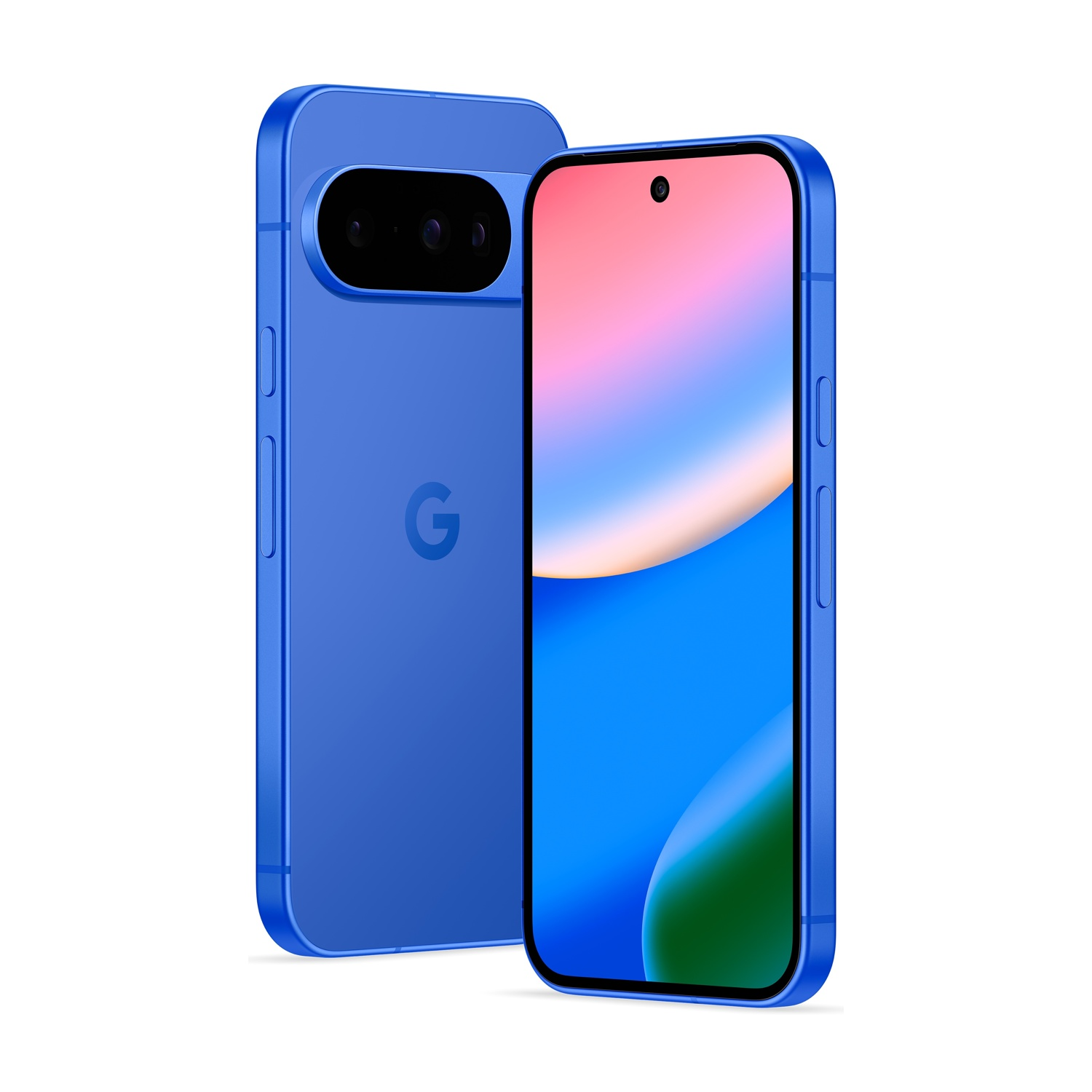 Due smartphone blu. Uno mostra uno schermo colorato. L'altro ha il logo Google e una barra della fotocamera.