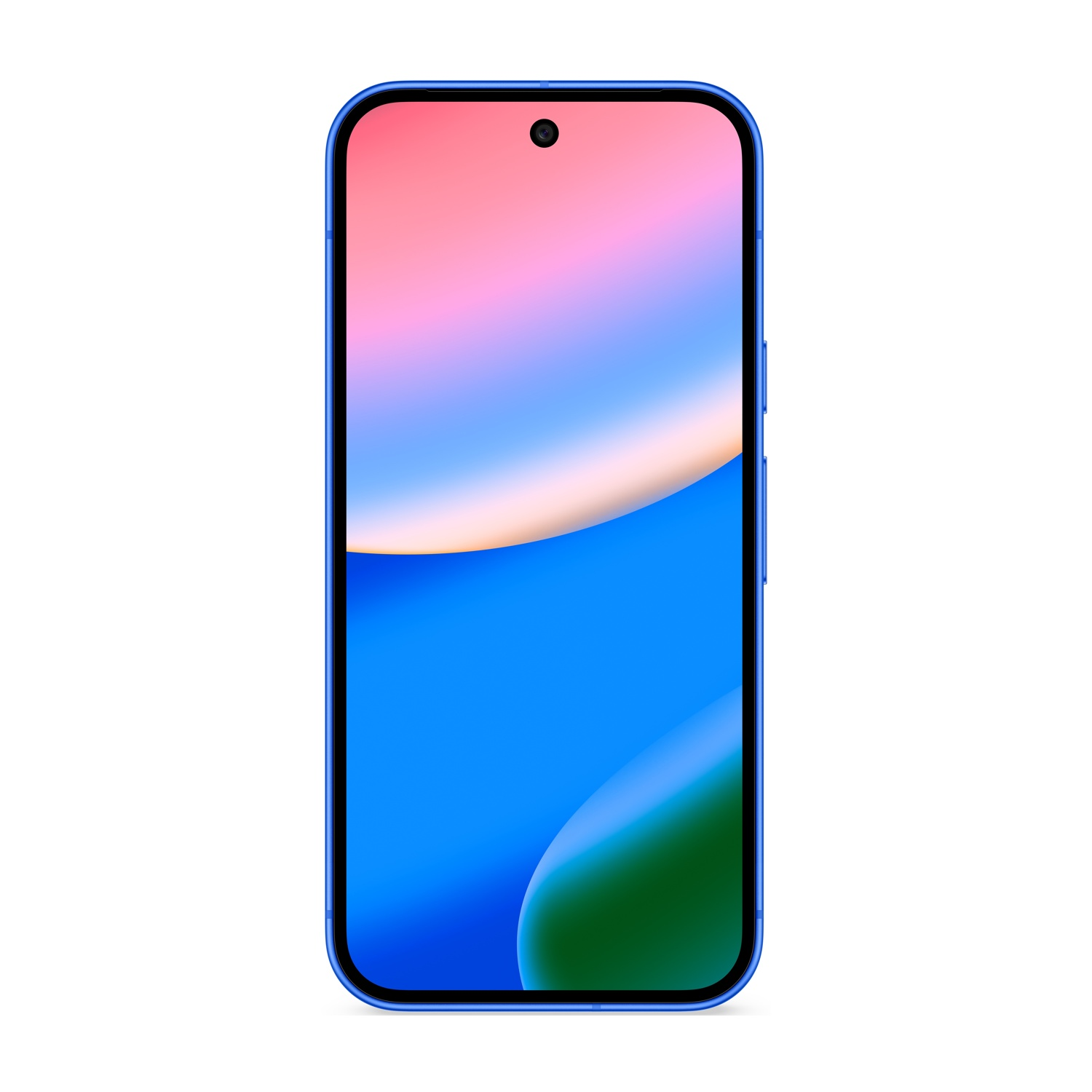 Smartphone blu con schermo colorato che mostra sfumature rosa, blu e verdi. Il telefono ha un punto nero per la fotocamera sul davanti.