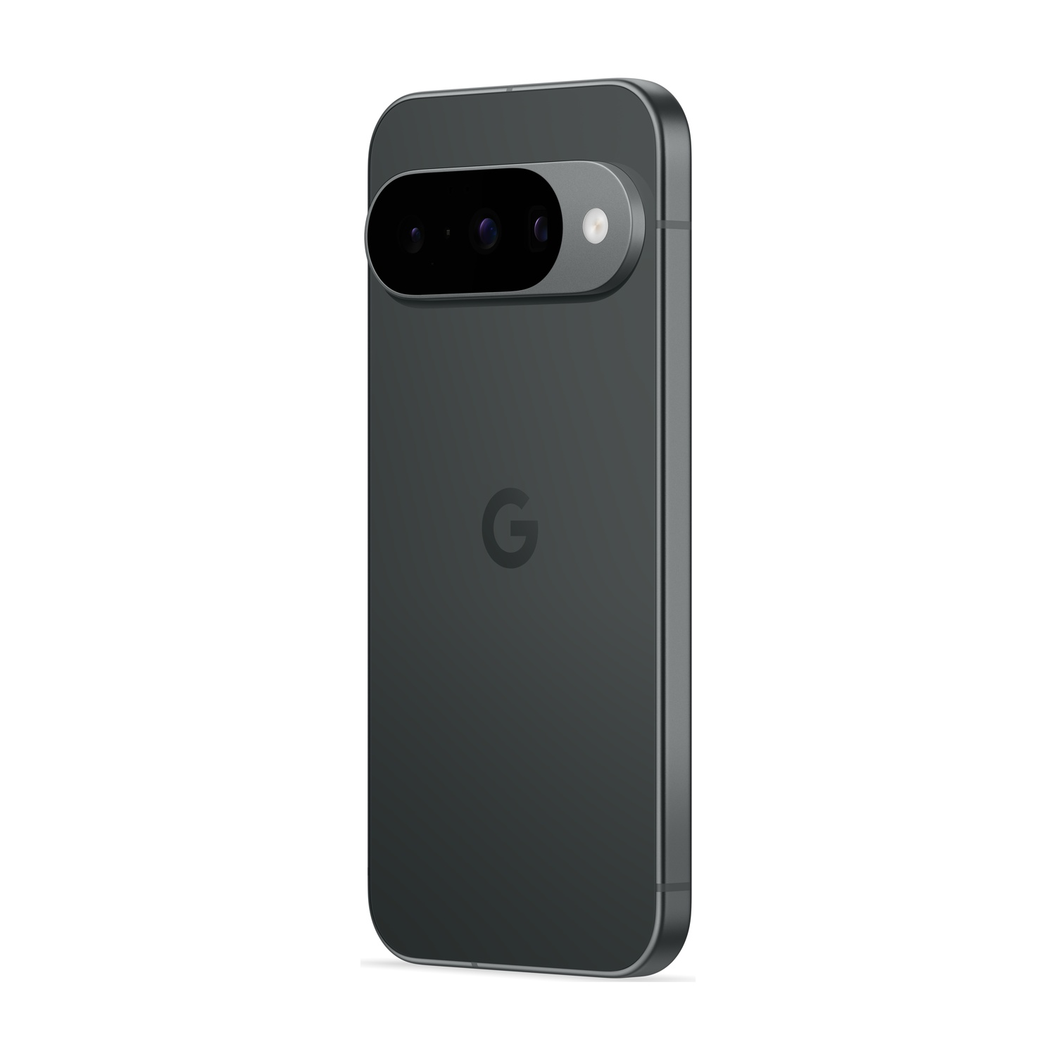 Un telefono Google Pixel 7 grigio scuro. Ha una barra della fotocamera e un logo Google. Il telefono è su sfondo bianco.