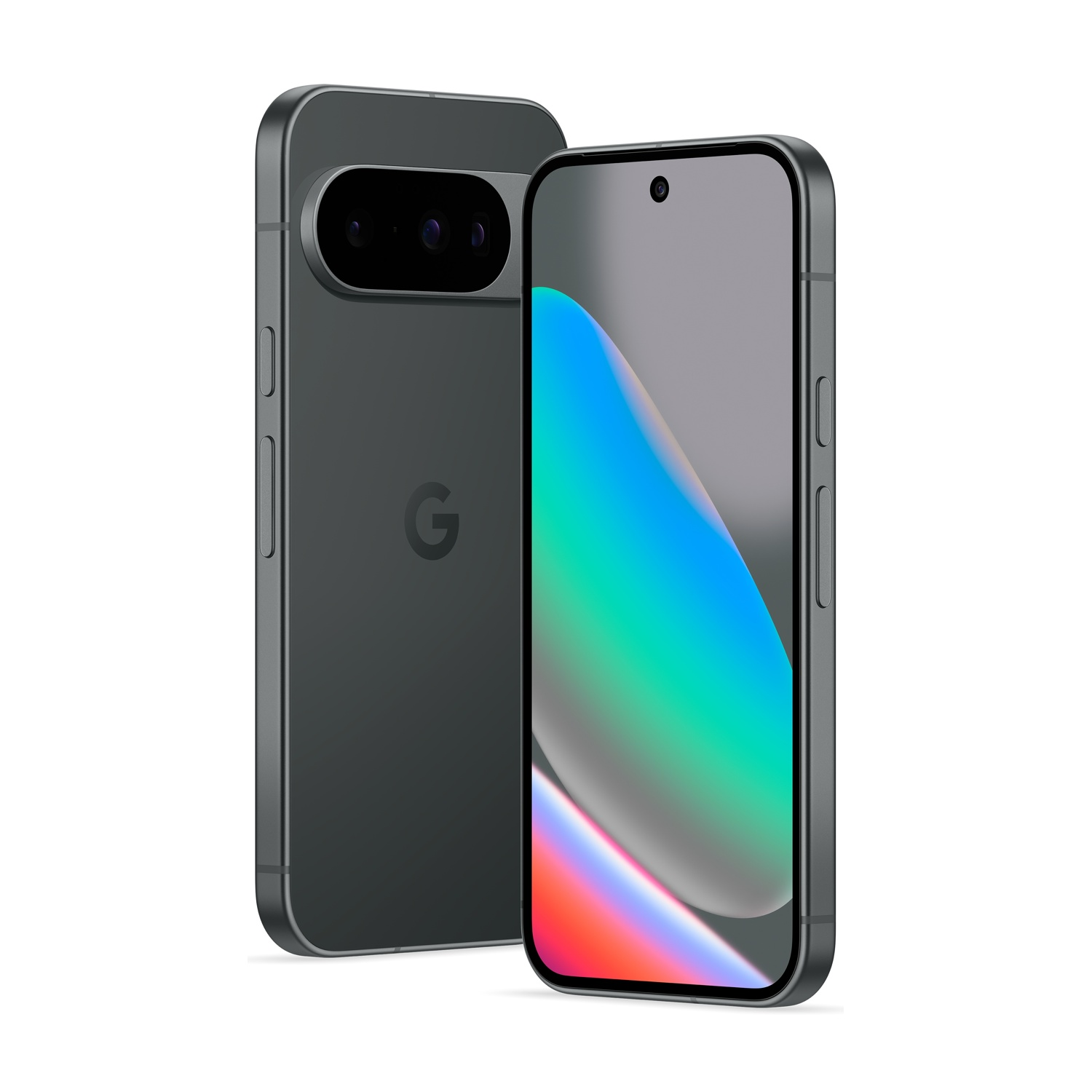 Due smartphone grigio scuro. Uno mostra uno schermo con sfumature colorate. L'altro, dietro, ha una barra della fotocamera e il logo Google.