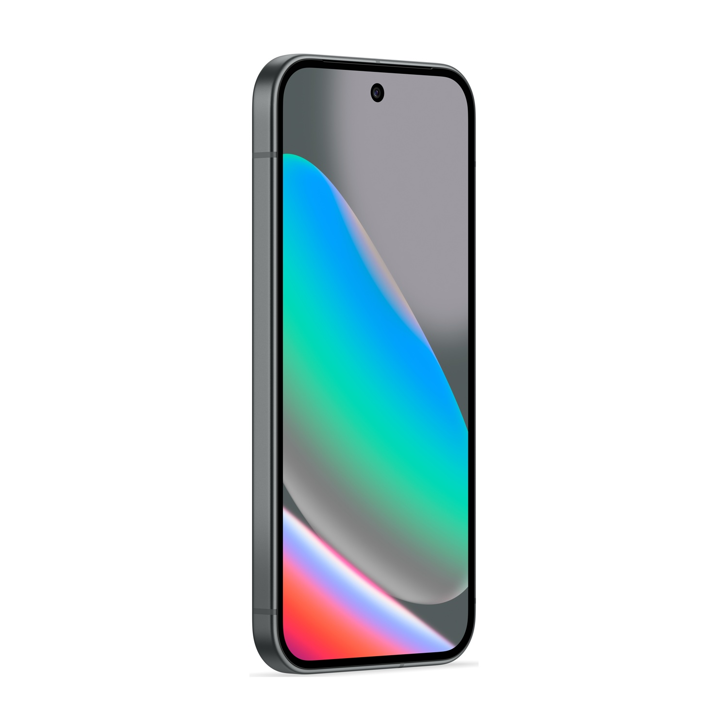 Uno smartphone con cornice grigio scuro e display colorato con sfumature blu, verdi e rosse su sfondo bianco.