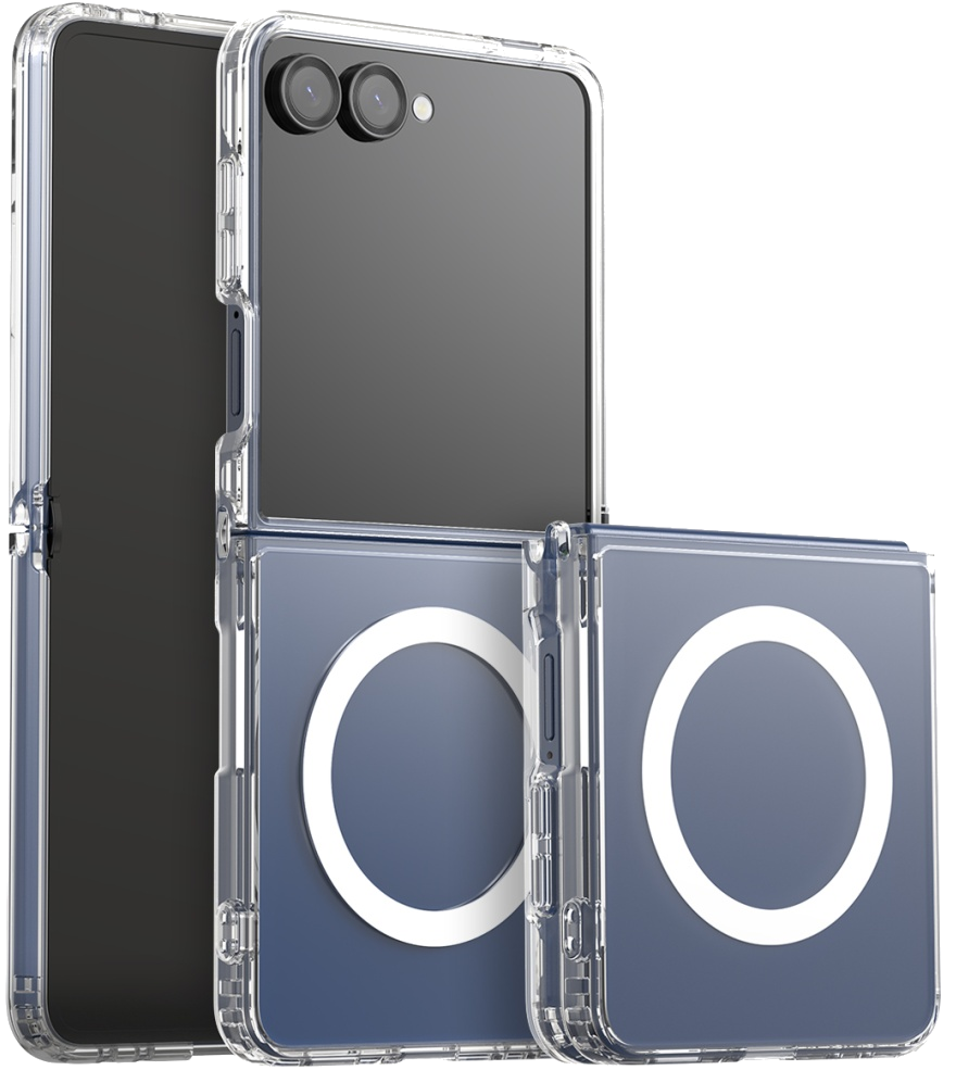 Trzy przezroczyste etui na telefony ułożone jedno na drugim. Każde ma przezroczystą ramkę i niebiesko zabarwiony tył z białym okrągłym wzorem. Telefony są czarne.