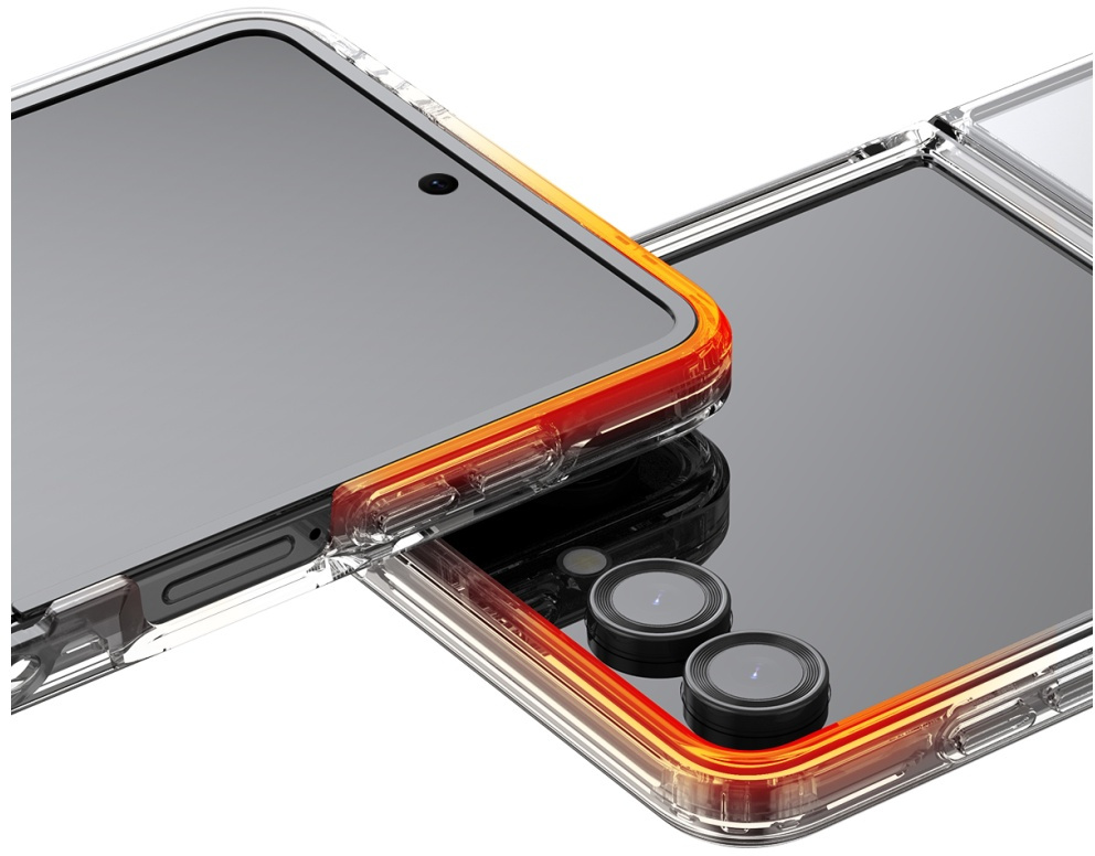 Dwa smartfony w przezroczystych etui. Jeden z pomarańczową obwódką, drugi srebrną. Odbijająca powierzchnia, widoczne obiektywy.
