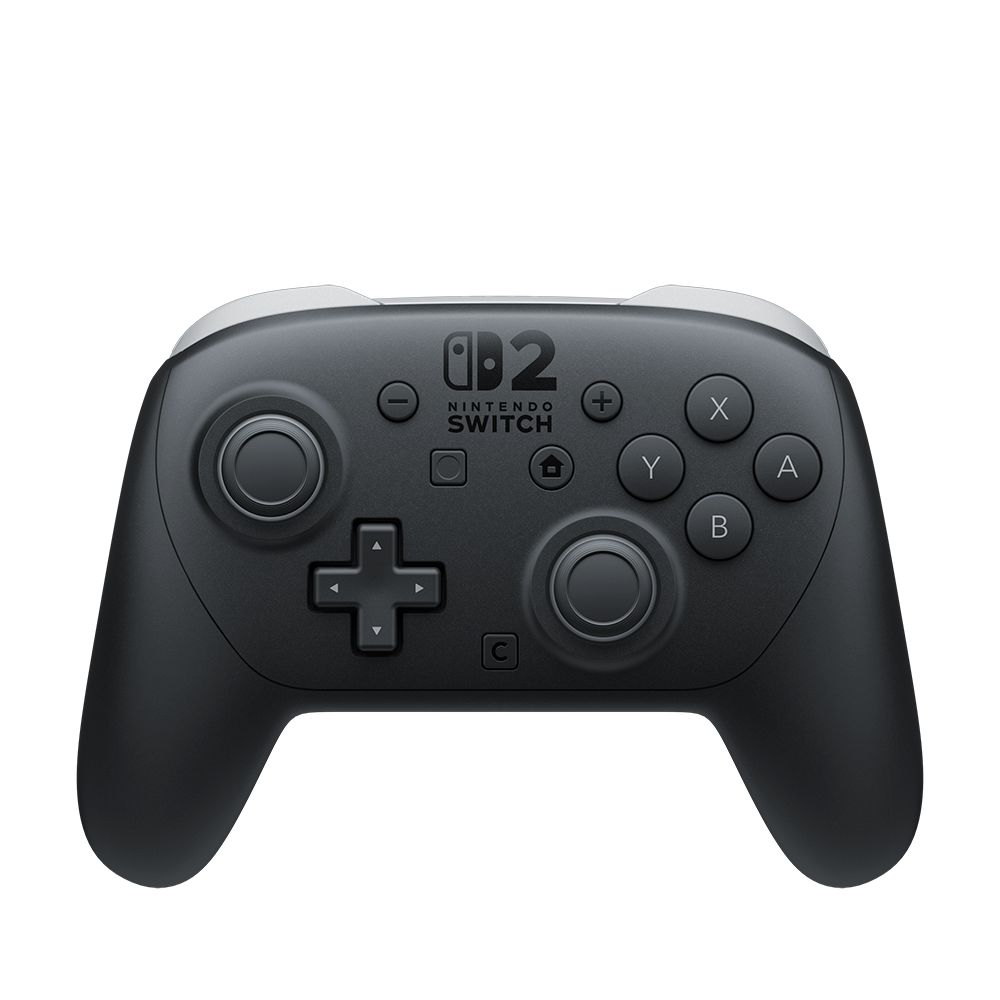 Beyaz vurgulara sahip siyah bir Nintendo Switch Pro Kontrol Cihazı. Düğmeleri, analog çubukları ve bir D-pad'i vardır.