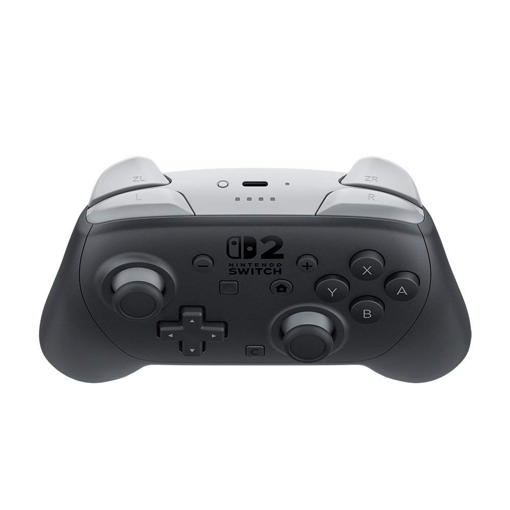 Nintendo Switch Pro Kontrolcüsü. Gri ve beyaz renk şeması. Düğmeler: A, B, X, Y, artı yön tuşları ve joystickler.