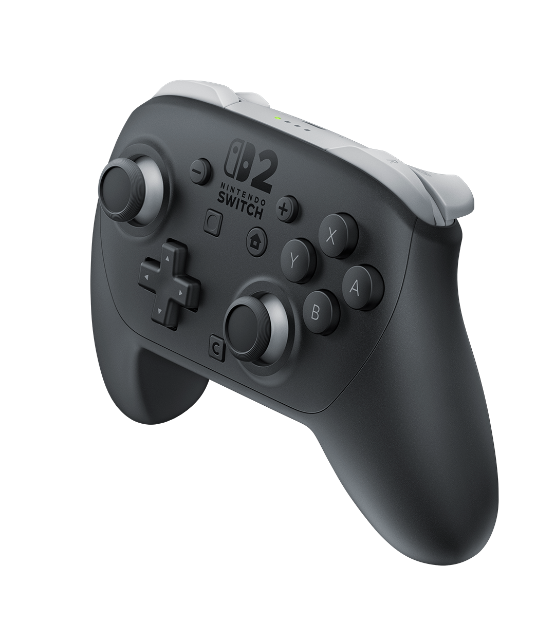 Bir Nintendo Switch Pro Kontrolcüsü. Esas olarak gri vurgularla siyahtır. Düğmeler ve kontrol çubukları görünür.