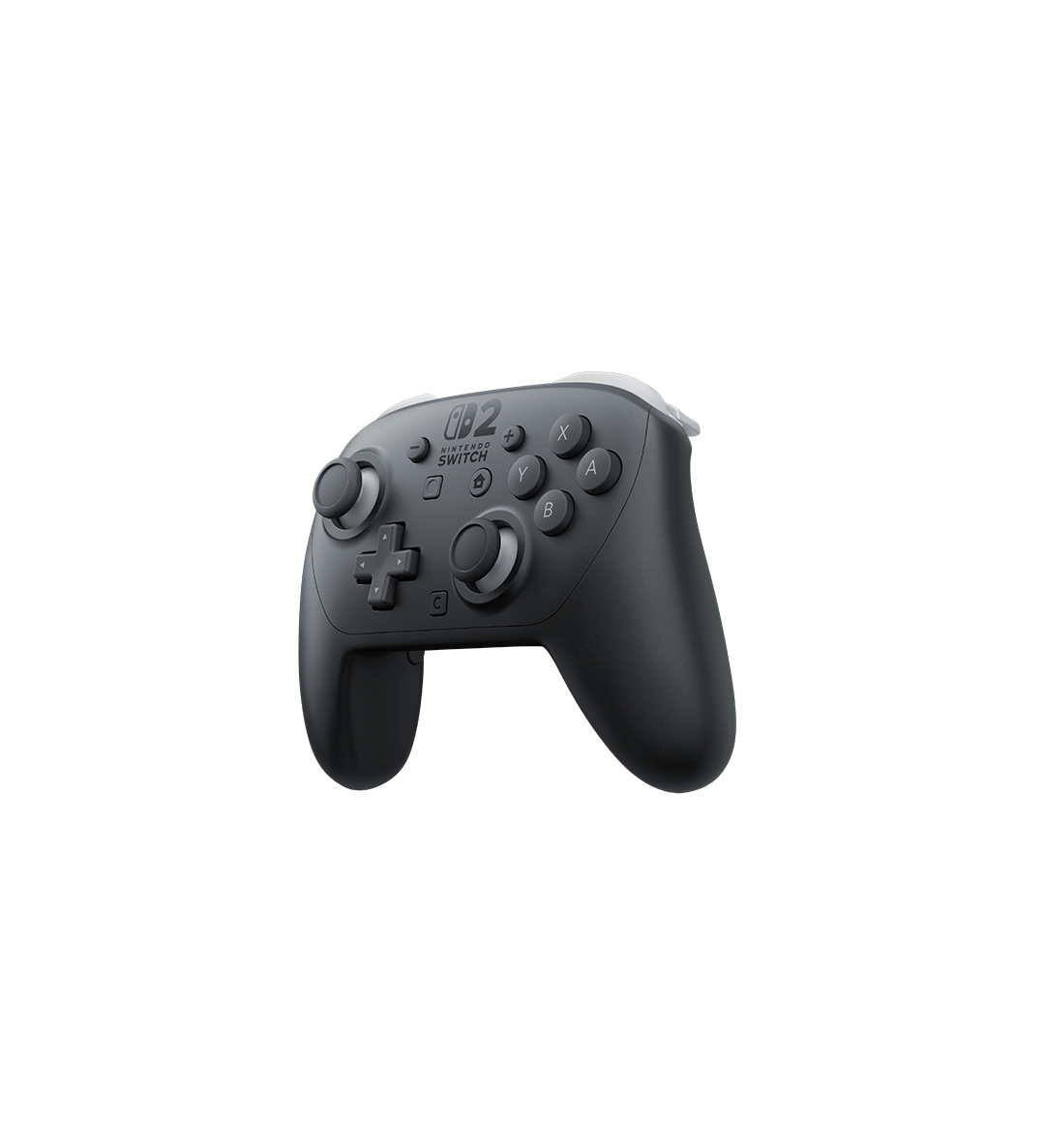 Siyah bir Nintendo Switch Pro Kontrol Cihazı. Çeşitli düğmeleri, joystick'leri ve bir D-pad'i vardır. Nintendo Switch logosu görülebilir.
