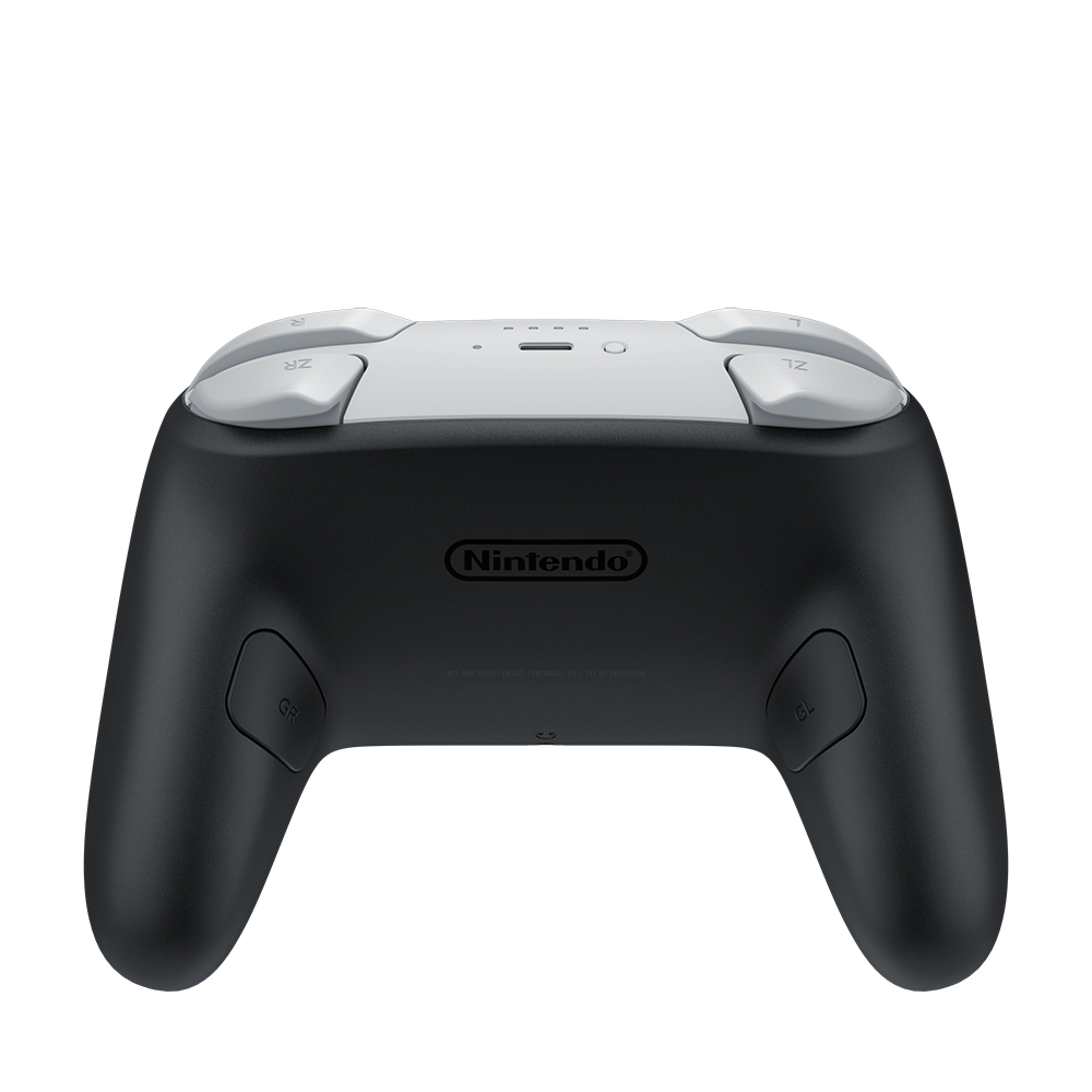 Gümüş detaylı siyah Nintendo Switch Pro Kontrol Cihazı. ZR, ZL, GR, GL tuşları ve Nintendo logosu.
