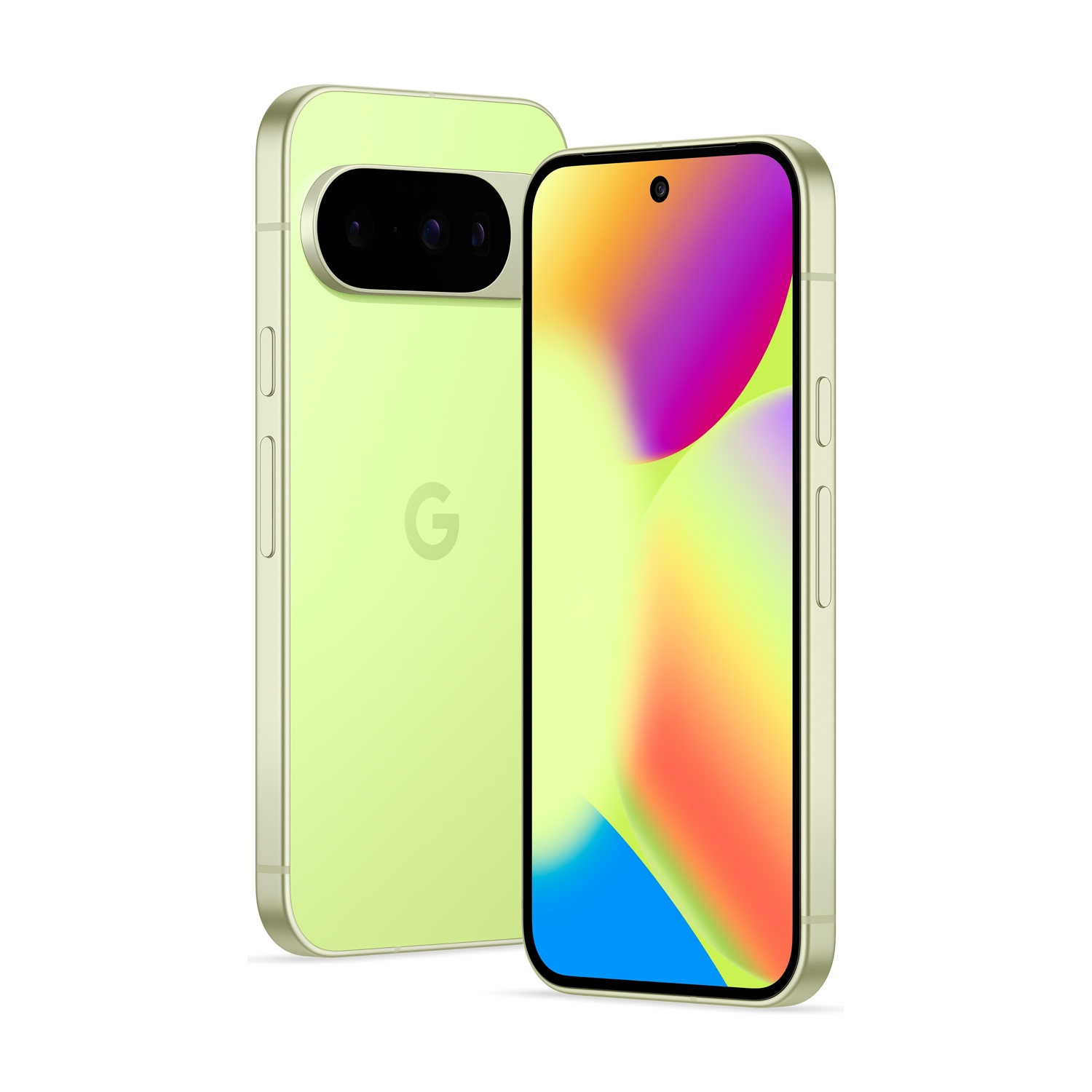 Due smartphone verdi, uno angolato, con display colorato. Il telefono posteriore ha una barra della fotocamera e un logo G. Sfondo bianco.