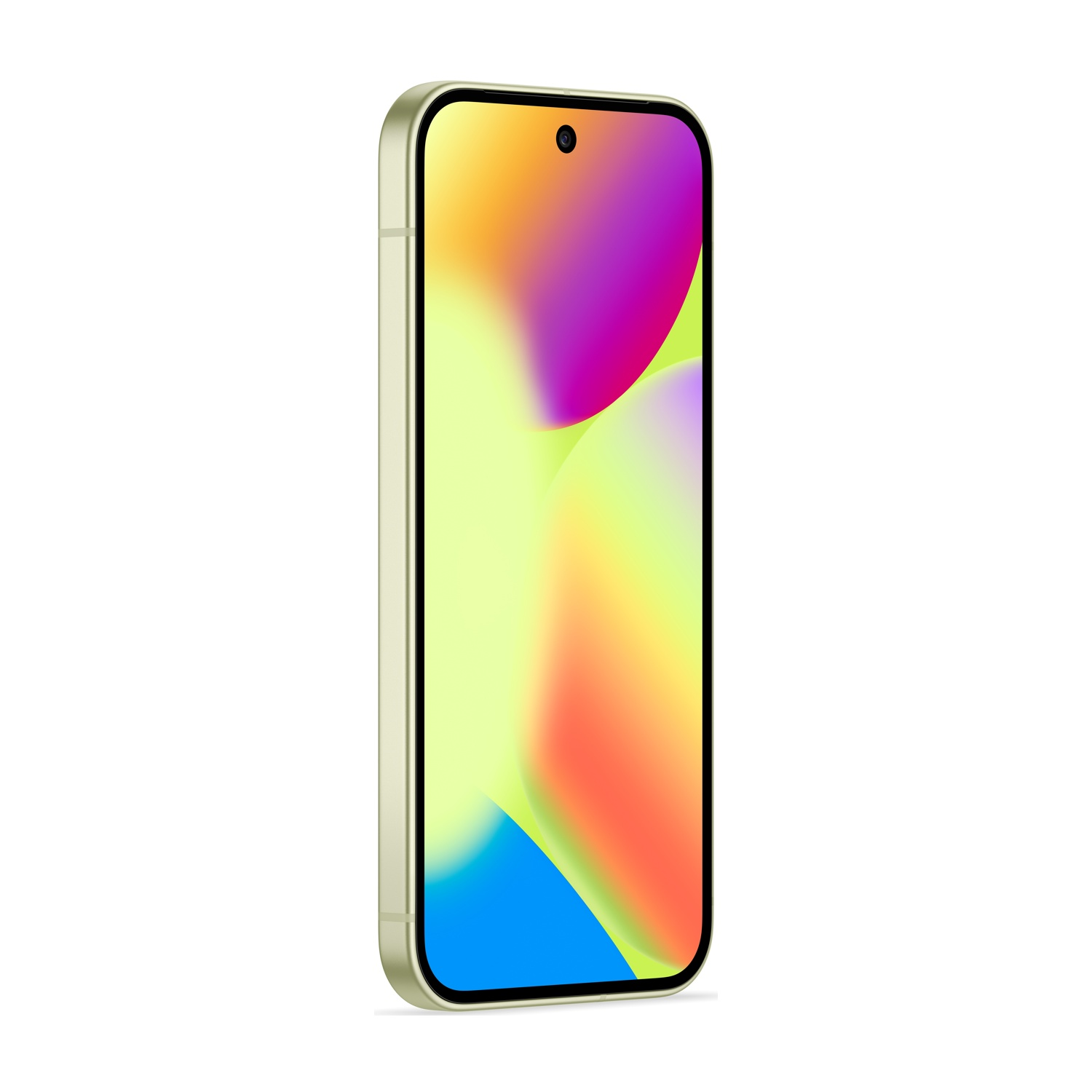 Uno smartphone con schermo sfumato colorato. Il telefono ha una cornice verde chiaro ed è leggermente angolato verso destra. Sfondo bianco.