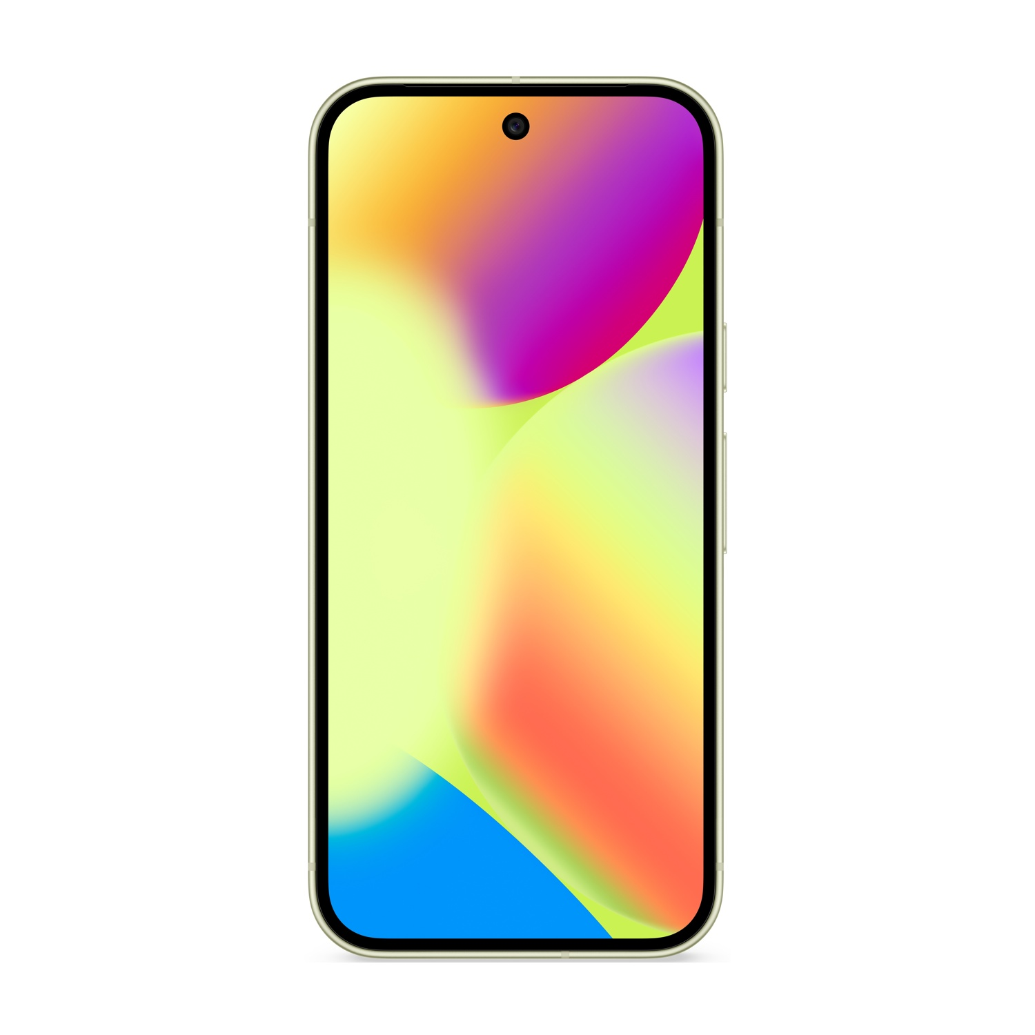Uno smartphone con schermo sfumato colorato. Il telefono è color oro e si trova su sfondo bianco.