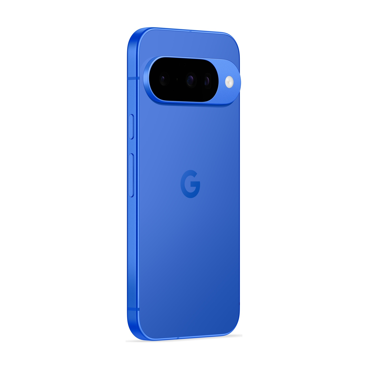 Viene mostrato un telefono Google Pixel blu. Ha una barra fotocamera nera e un logo 'G' sul retro. Lo sfondo è bianco.