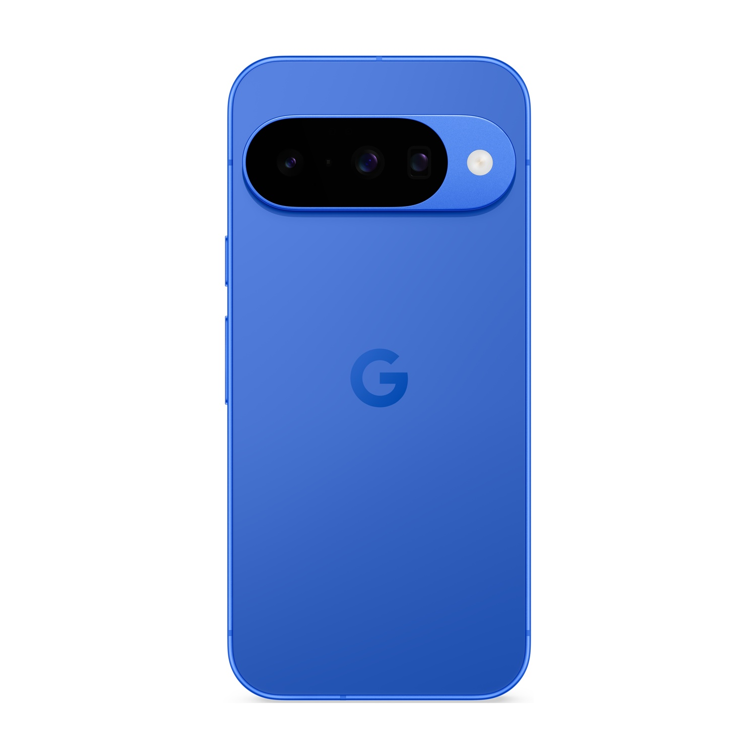 Smartphone blu con barra fotocamera nera e logo "G" di Google. Il telefono è su sfondo bianco.