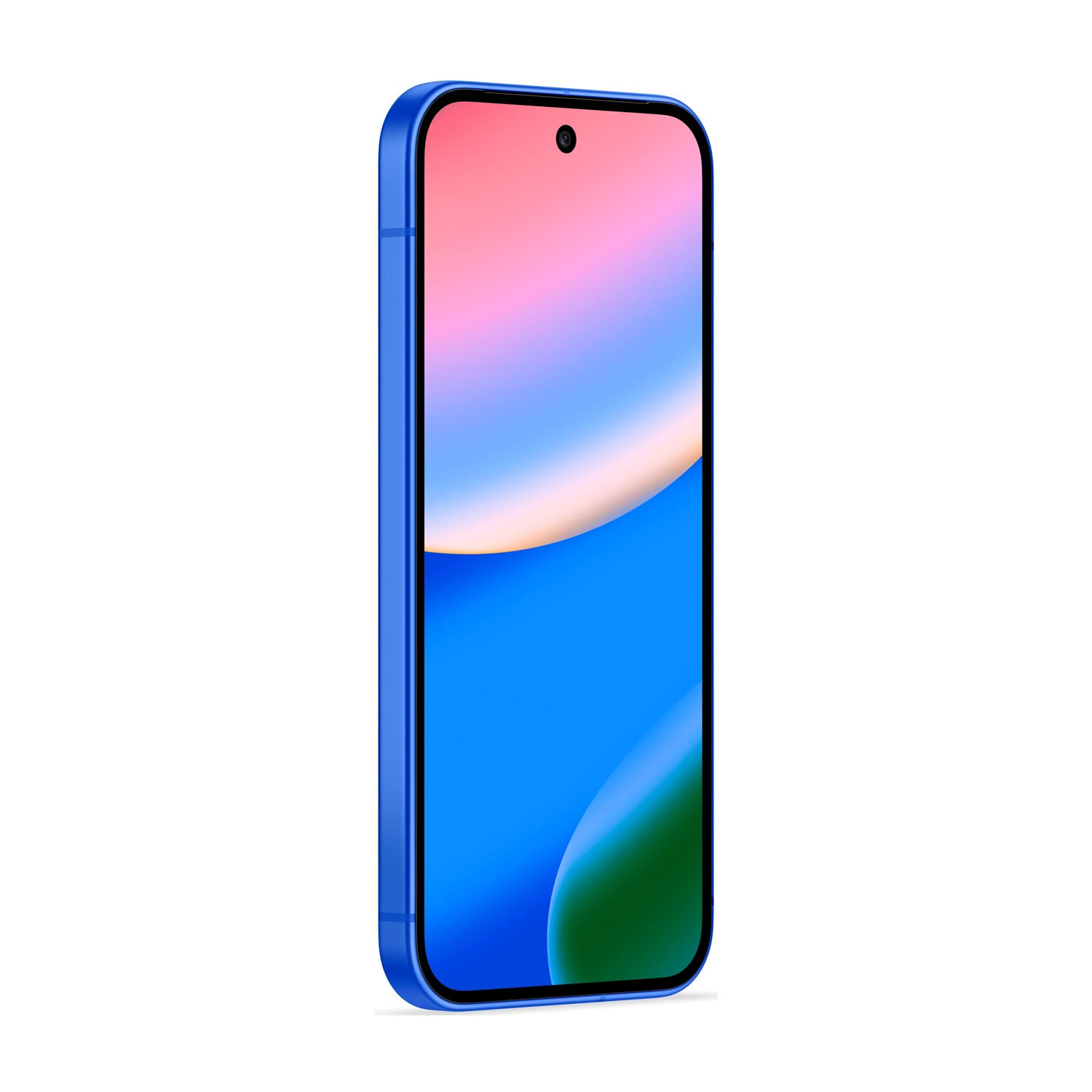 Uno smartphone blu è leggermente inclinato. Lo schermo mostra una sfumatura di colori: rosa, bianco, blu e verde.