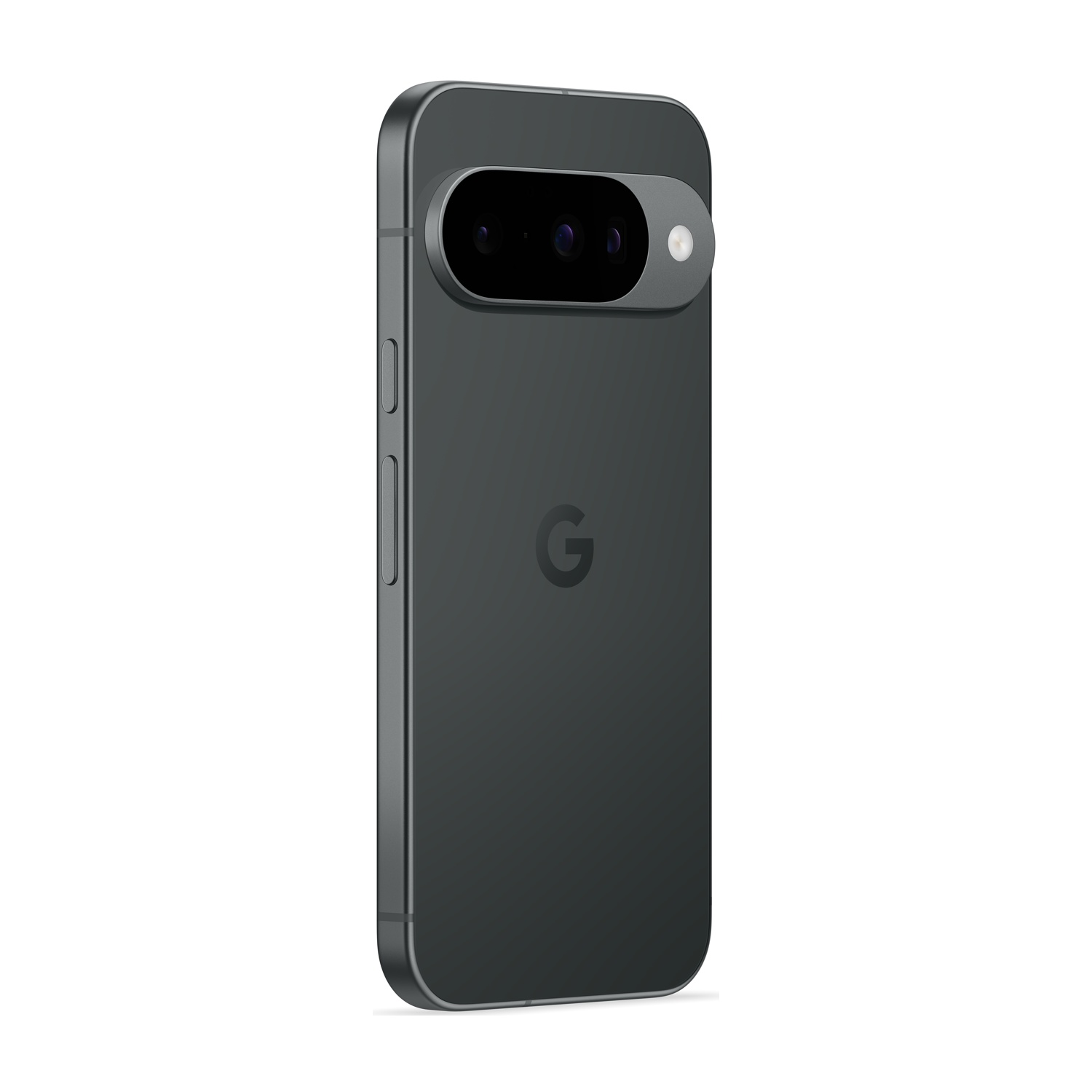Un telefono Pixel 7 grigio scuro. Ha una barra della fotocamera con tre obiettivi e un logo 'G' sul retro. Il telefono è su sfondo bianco.