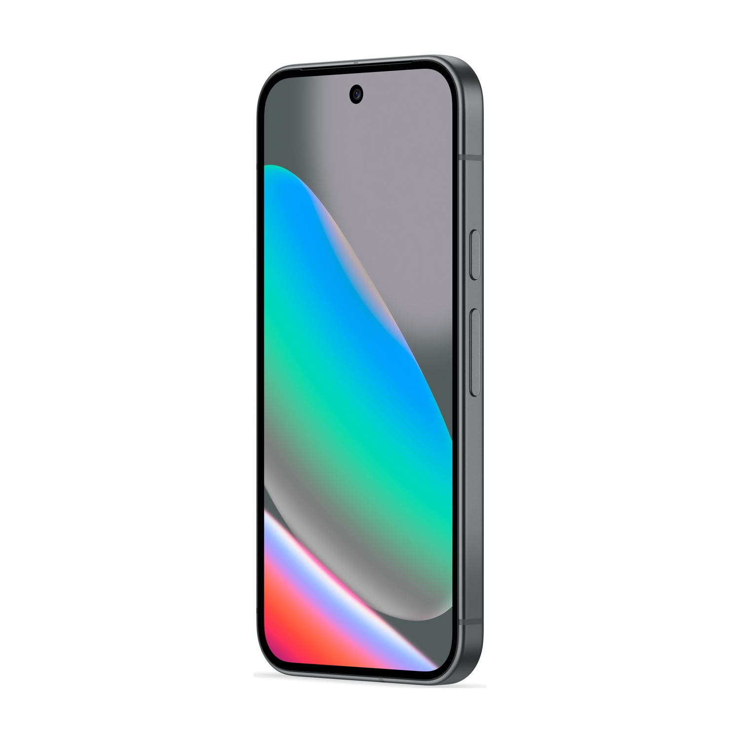 Uno smartphone nero con display sfumato colorato. Lo schermo mostra tonalità blu, verdi e rosse. Il telefono è inclinato verso destra.