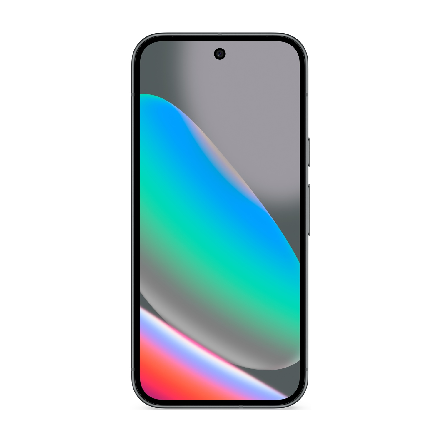 Uno smartphone con cornice nera e display colorato. Lo schermo mostra sfumature blu, verdi e rosse, con una piccola fotocamera.