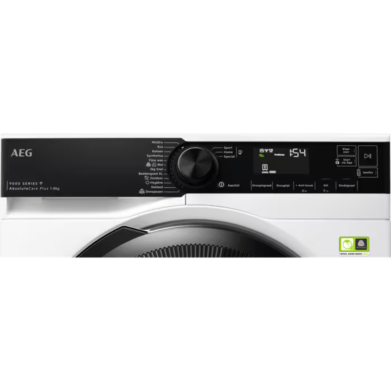 AEG washing machine control panel. Features include program selection, digital display showing 1:54, and various buttons and options. Black and white.