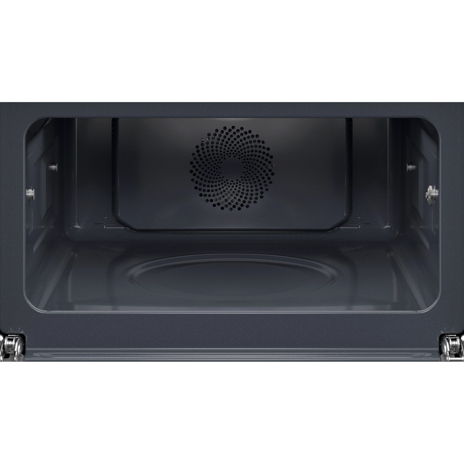 Inside view of a dark gray oven. Visible elements include the interior cavity, fan, and hinges. The oven's interior is empty.