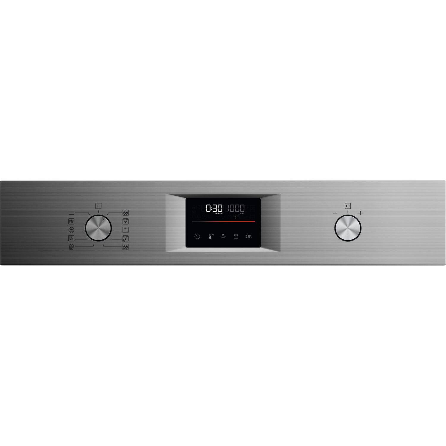 A stainless steel oven control panel with a digital display showing timer and power settings, and two knobs on each side.