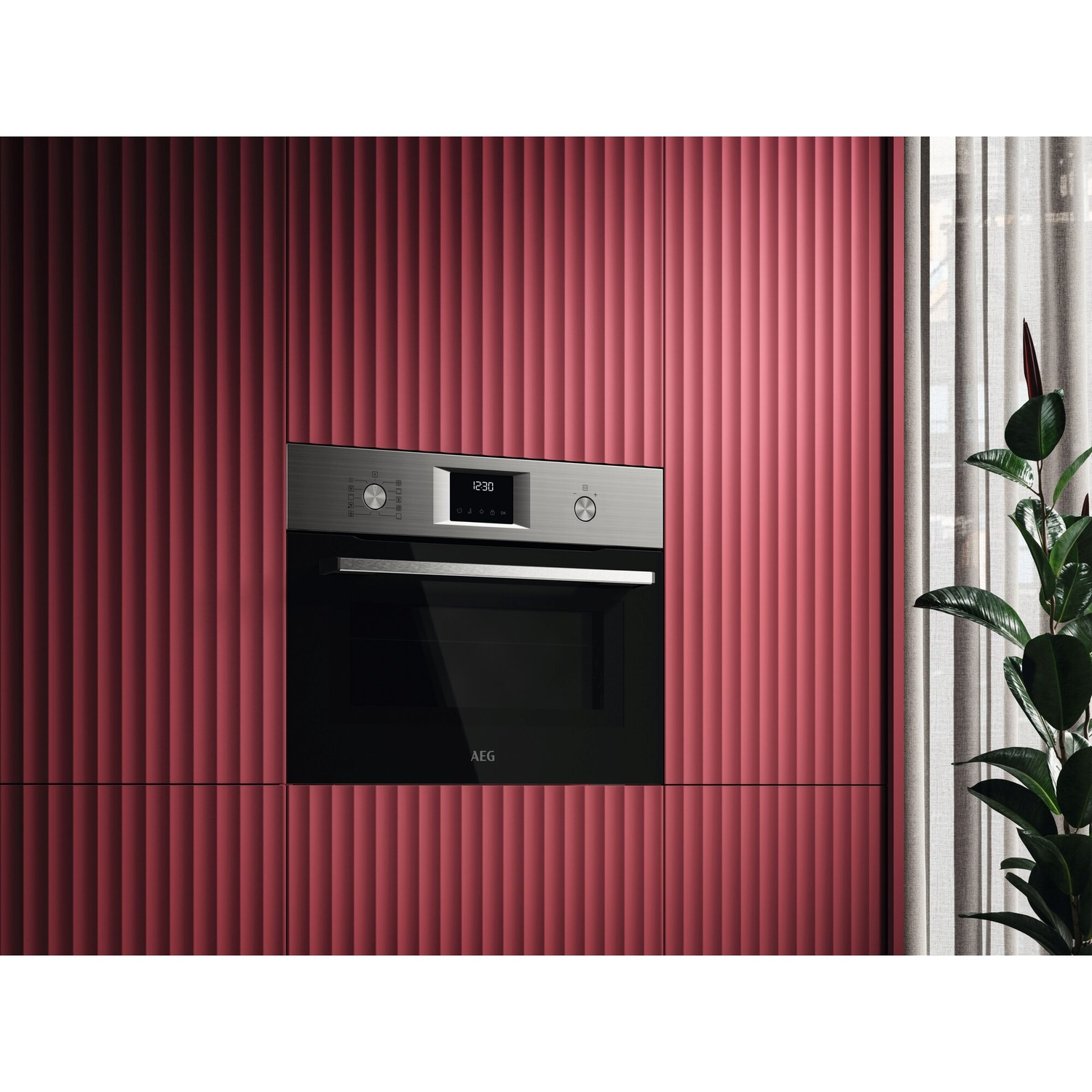 Built-in oven in a red kitchen cabinet. The oven has a black glass door and a silver control panel. A plant is on the right.