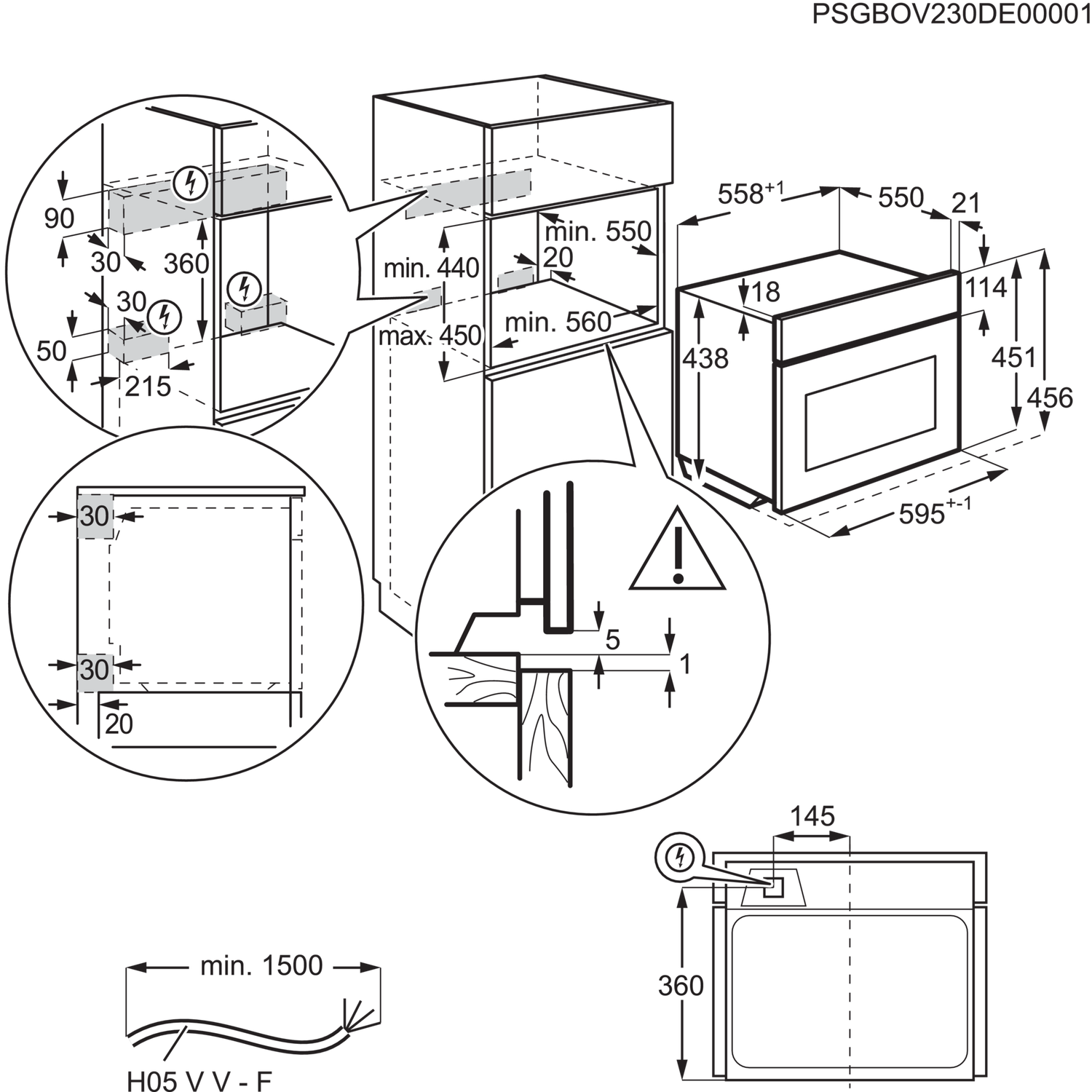 Diagram of an oven showing dimensions in millimeters. Includes close-ups of installation details and electrical connections.