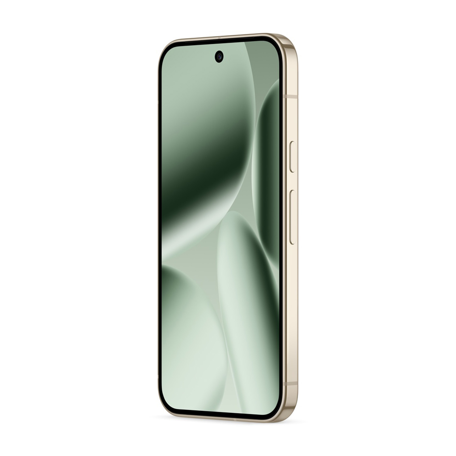 Uno smartphone dorato con schermo verde che mostra uno sfondo astratto verde chiaro. Il telefono è su sfondo bianco.