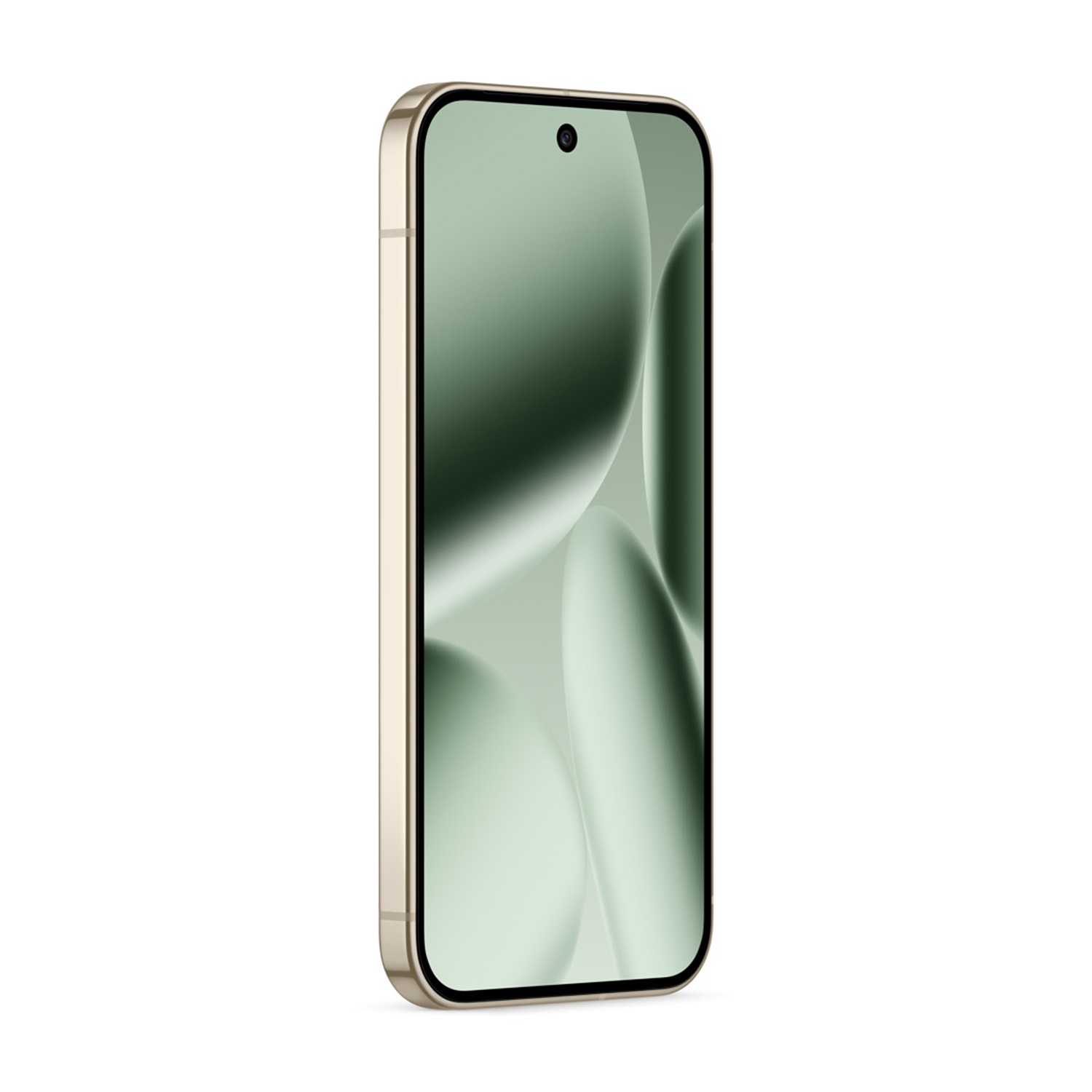 Uno smartphone dorato è mostrato ad angolo. Lo schermo mostra un design astratto verde chiaro. Una fotocamera nera è in alto.