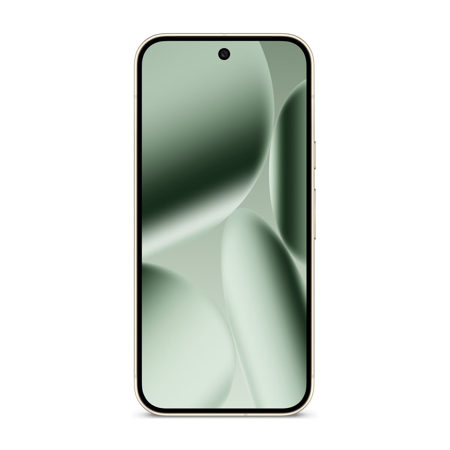 Uno smartphone con schermo verde che mostra forme astratte. Il telefono ha una cornice dorata, una fotocamera anteriore e si trova su sfondo bianco.
