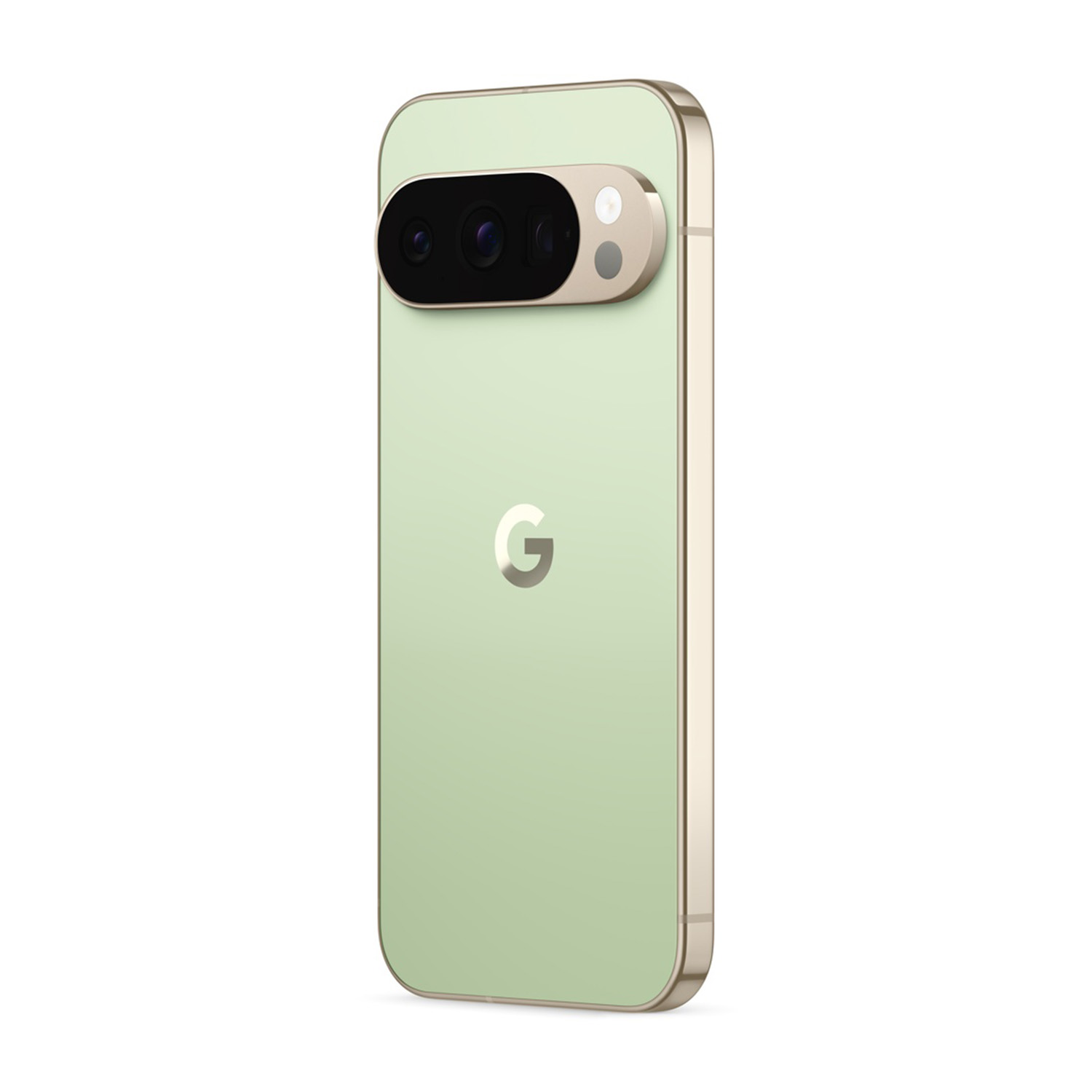 Uno smartphone verde chiaro con cornice dorata e barra fotocamera nera, con il logo Google.