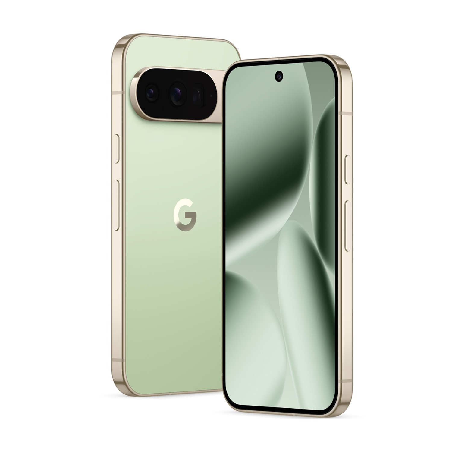Due smartphone verdi e oro. Uno ha una barra della fotocamera e il logo Google. L'altro mostra una sfumatura verde.