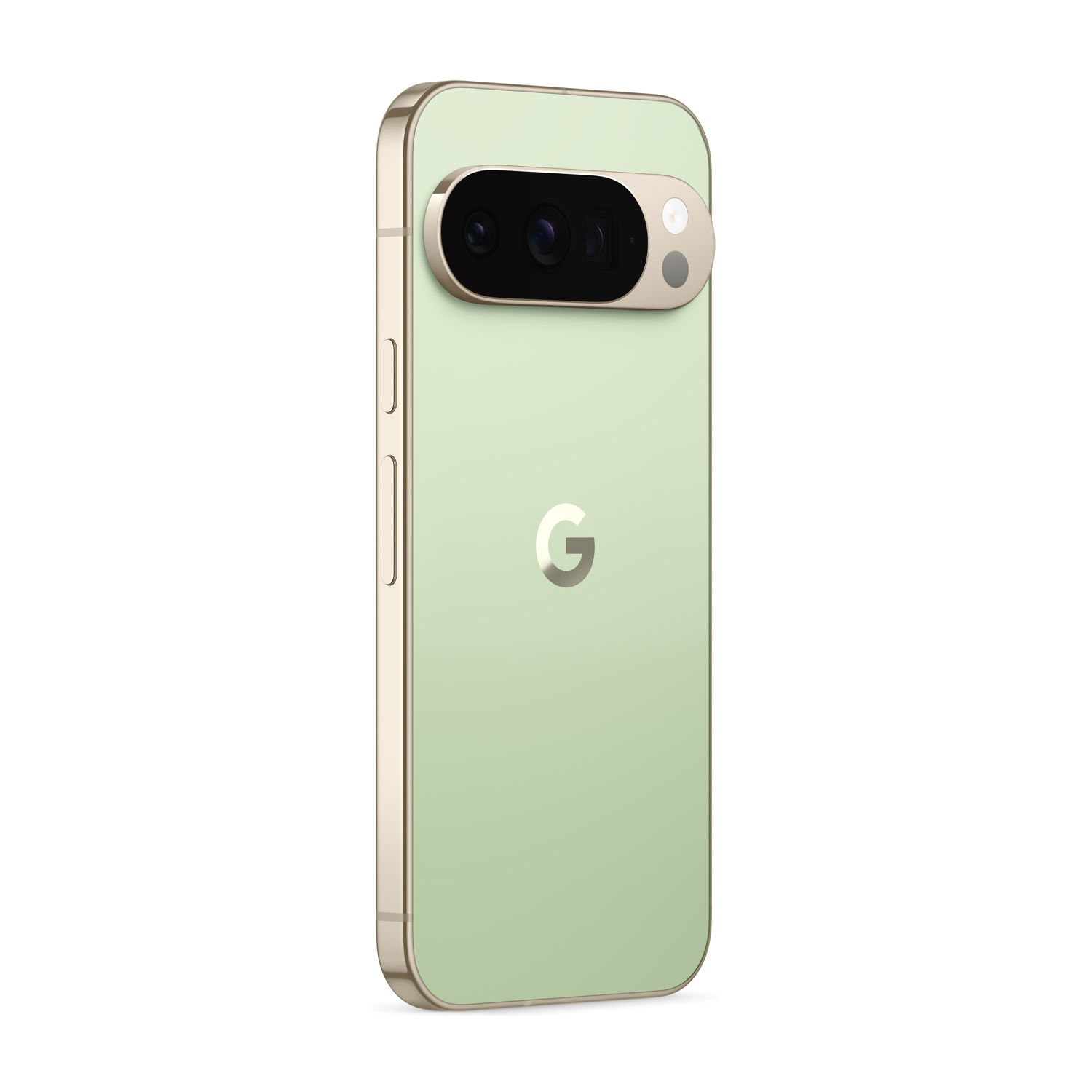 Un telefono Google Pixel 7 verde chiaro, cornice oro, barra fotocamera nera con tre lenti e logo 'G'.