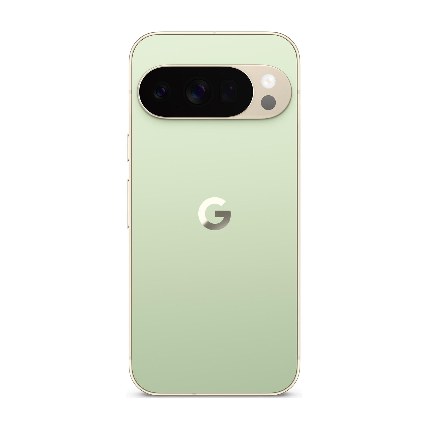 Uno smartphone verde chiaro con una barra della fotocamera. Il logo di Google è centrato. Il telefono ha una cornice dorata.