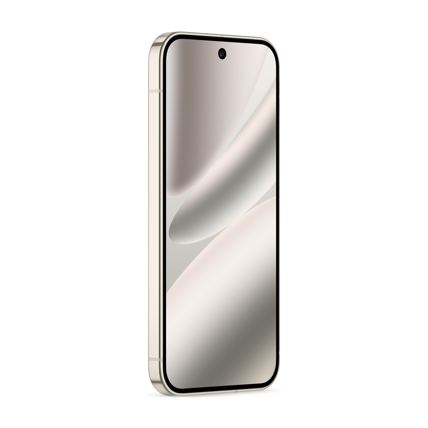 Uno smartphone dorato inclinato leggermente a sinistra. Lo schermo mostra un motivo astratto e una fotocamera frontale.