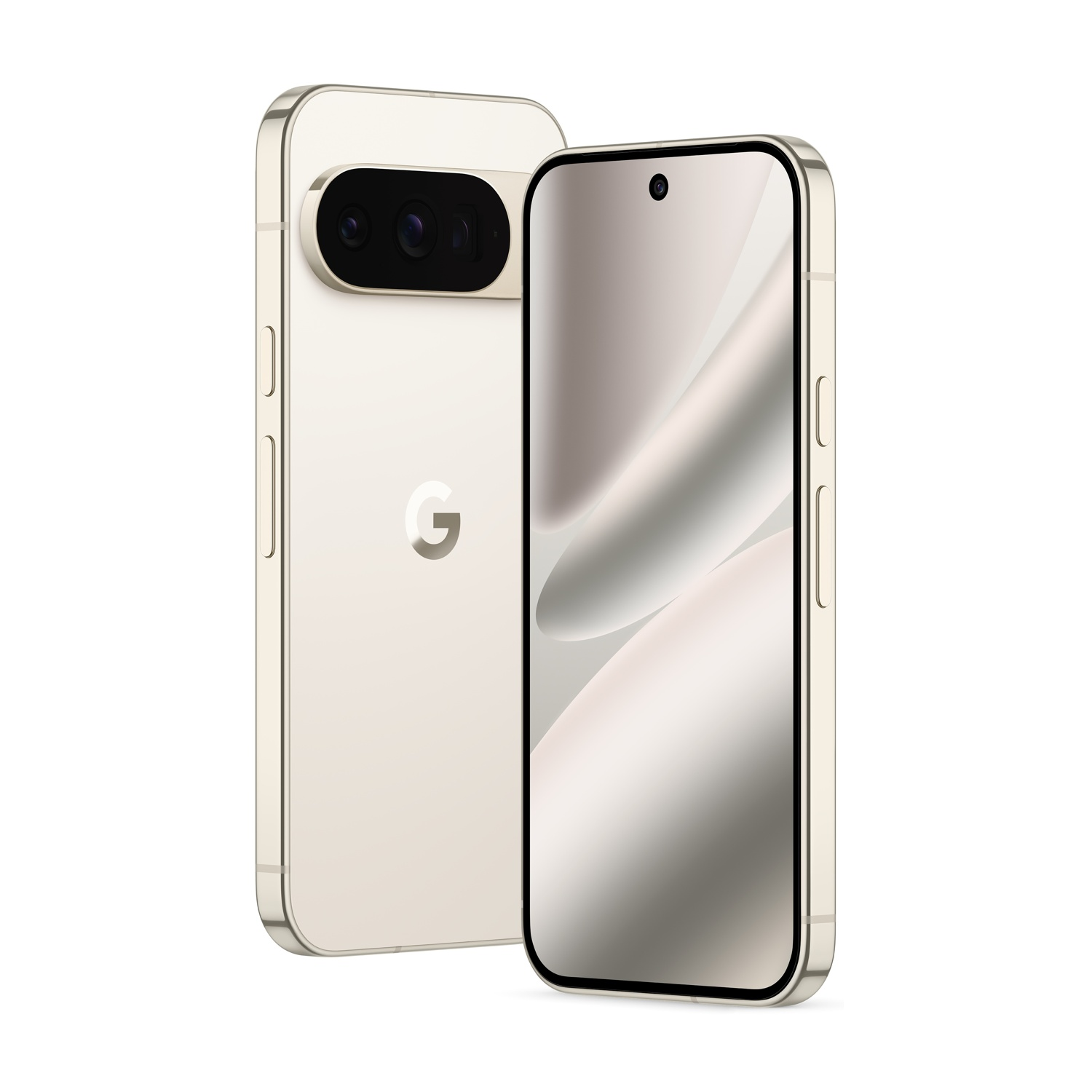 Due smartphone dorati, uno angolato, con modulo fotocamere e schermo. Logo Google visibile. Sfondo pulito.