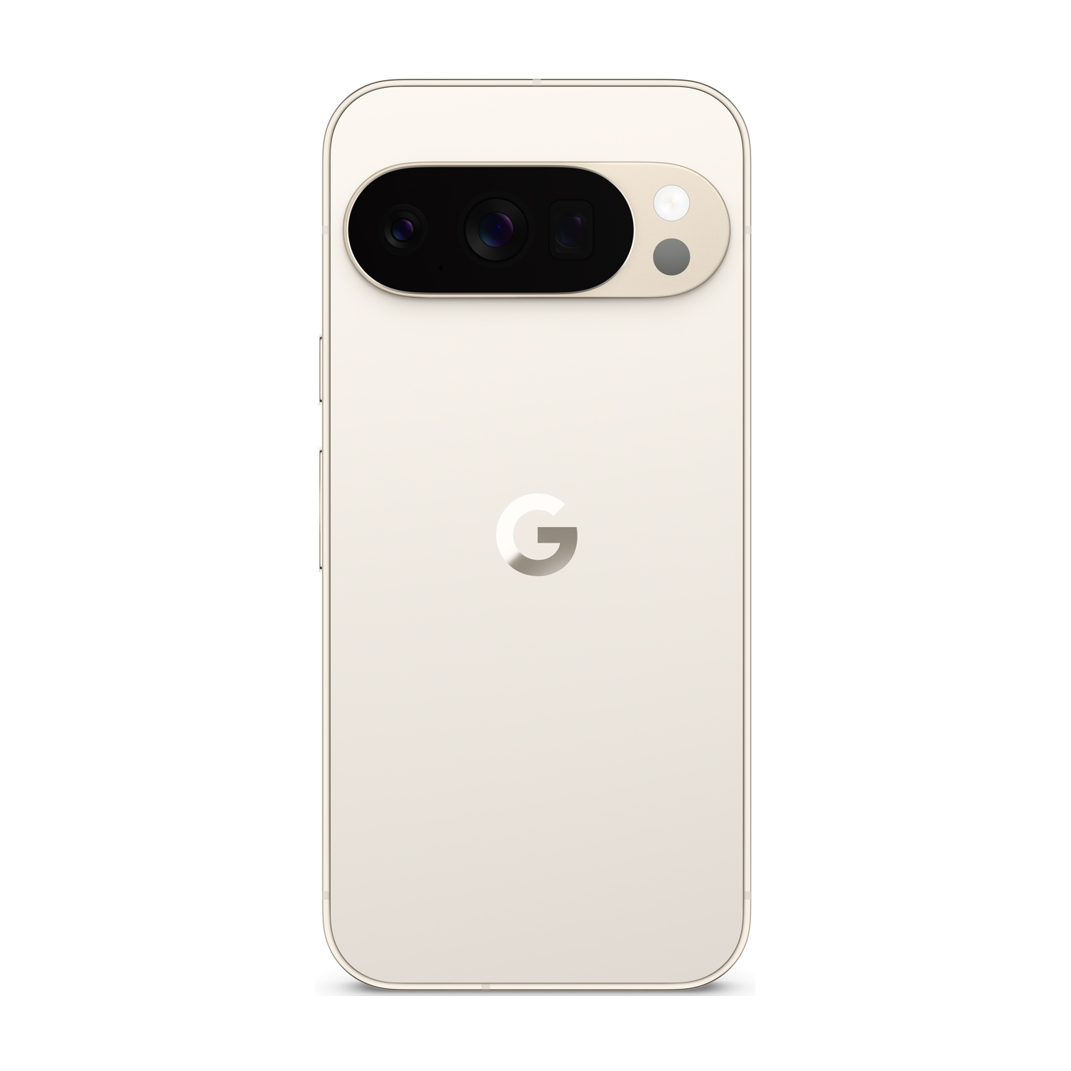 Un telefono Google Pixel beige. Il retro ha una barra fotocamera con lenti e flash. Un logo 'G' argentato è visibile.